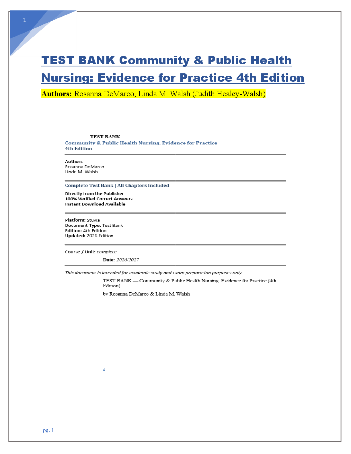 Preview of TEST BANK Community & Public Health Nursing: Evidence for Practice 4th Edition