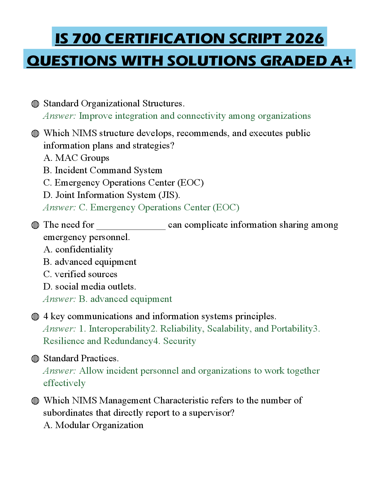 Recommended document preview for IS 700 CERTIFICATION SCRIPT 2026 QUESTIONS WITH SOLUTIONS GRADED A+