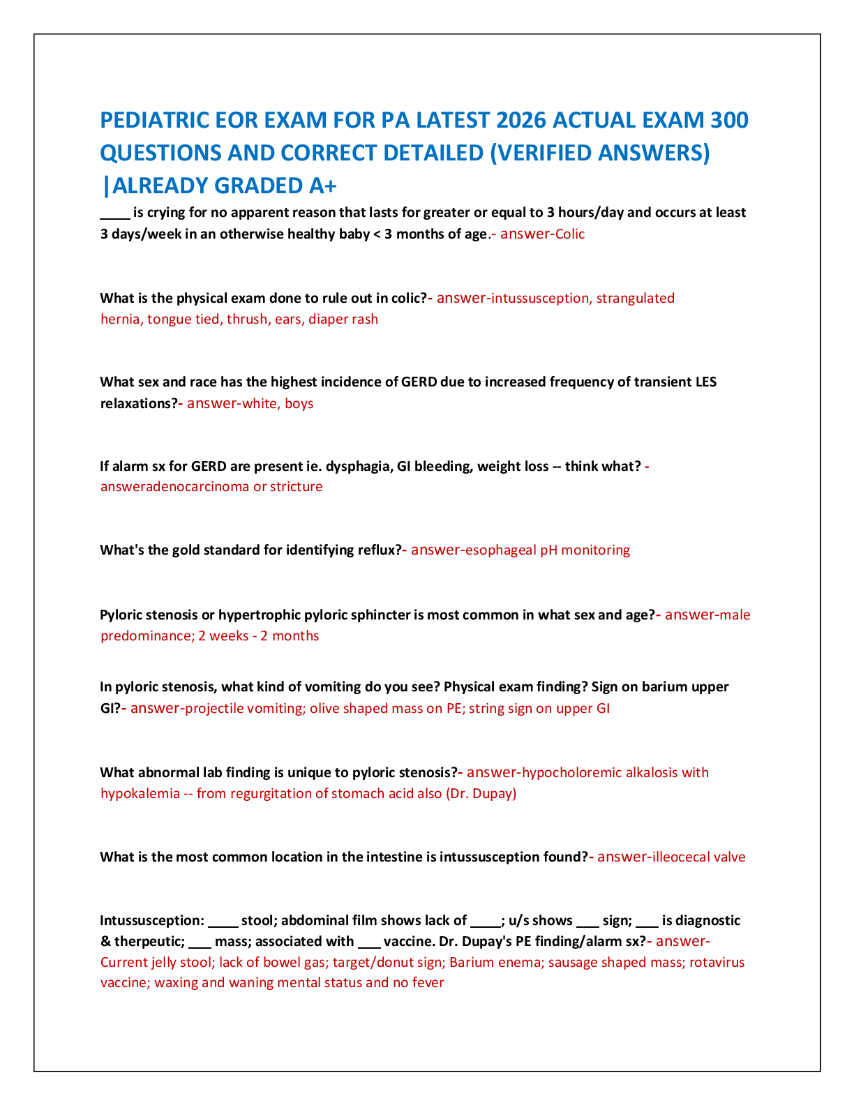 Recommended document preview for PEDIATRIC EOR EXAM FOR PA LATEST 2026 ACTUAL EXAM 300   QUESTIONS AND CORRECT DETAILED (VERIFIED ANSWERS)  |ALREADY GRADED A+