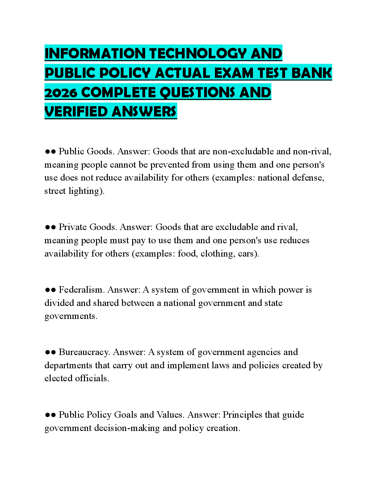 Recommended document preview for INFORMATION TECHNOLOGY AND PUBLIC POLICY ACTUAL EXAM TEST BANK 2026 COMPLETE QUESTIONS AND VERIFIED ANSWERS
