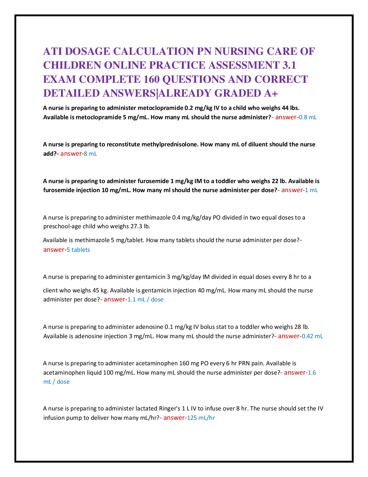 Preview of ATI DOSAGE CALCULATION PN NURSING CARE OF   CHILDREN ONLINE PRACTICE ASSESSMENT 3.1   EXAM