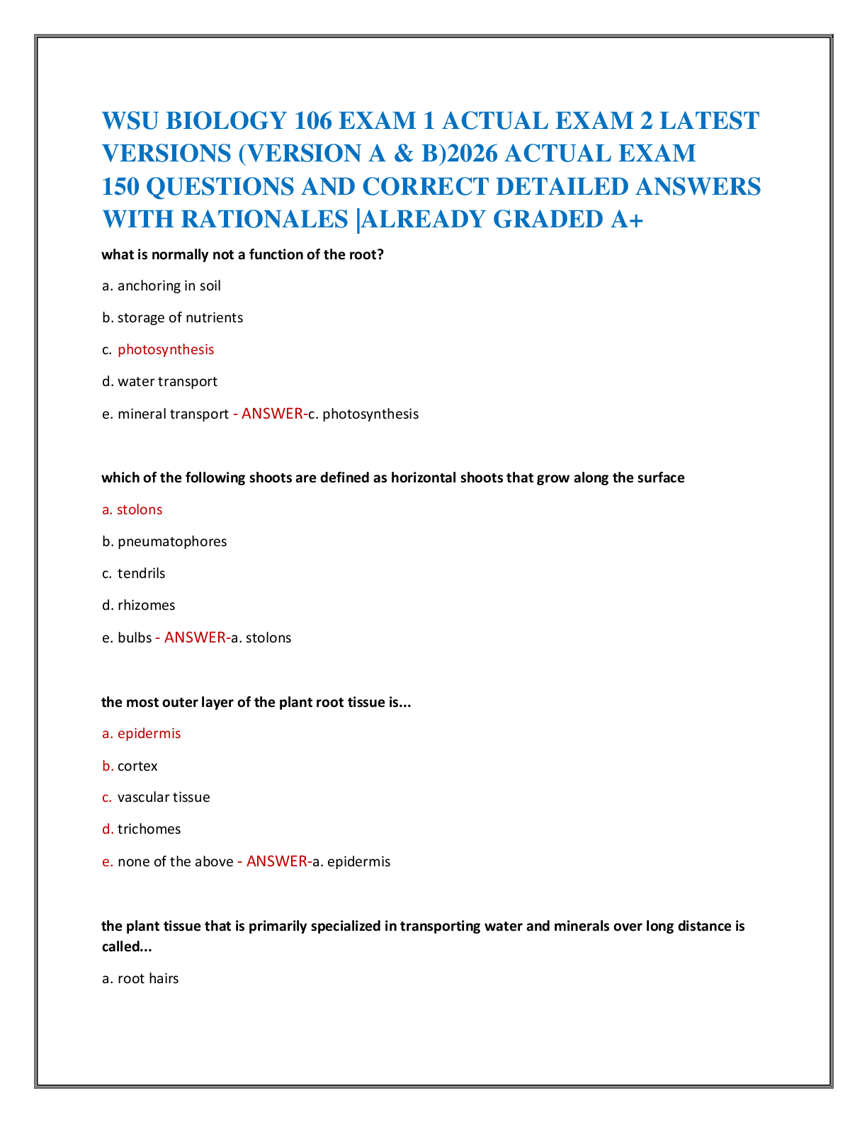 Recommended document preview for WSU BIOLOGY 106 EXAM 1 ACTUAL EXAM 2 LATEST   VERSIONS (VERSION A & B)2026 ACTUAL EXAM   150 QUESTIONS AND CORRECT DETAILED ANSWERS  WITH RATIONALES |ALREADY GRADED A+