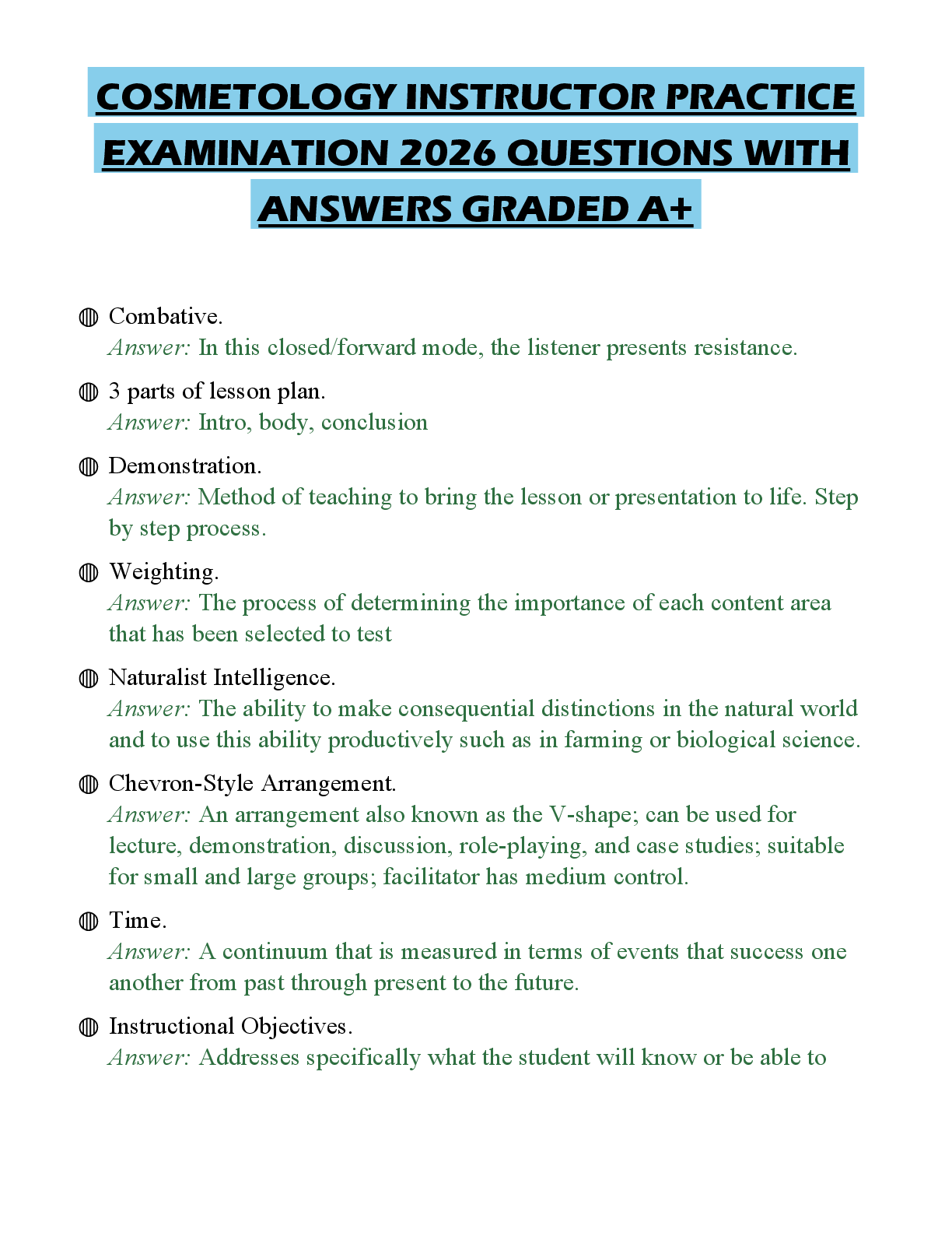 Preview of COSMETOLOGY INSTRUCTOR PRACTICE EXAMINATION 2026 QUESTIONS WITH ANSWERS GRADED A+