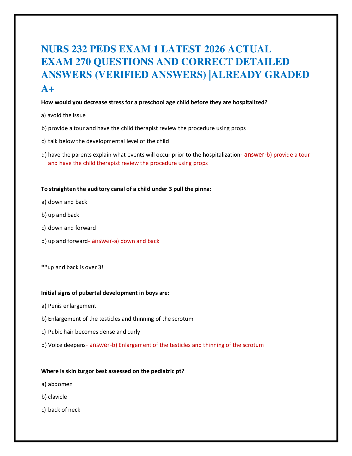 Recommended document preview for NURS 232 PEDS EXAM 1 LATEST 2026 ACTUAL   EXAM 270 QUESTIONS AND CORRECT DETAILED   ANSWERS (VERIFIED ANSWERS) |ALREADY GRADED   A+