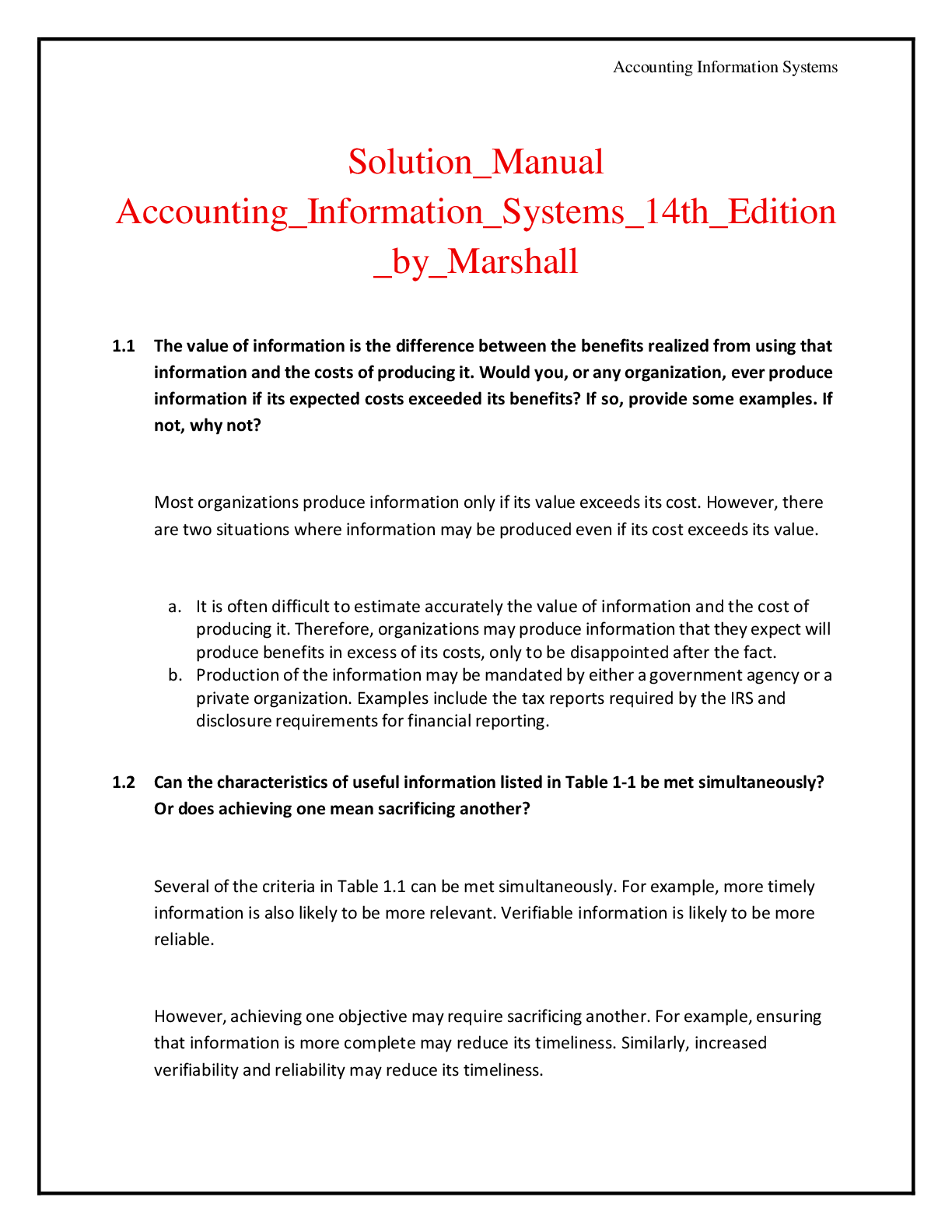 Recommended document preview for Solutions Manual for Accounting Information Systems 14th Edition by Marshal