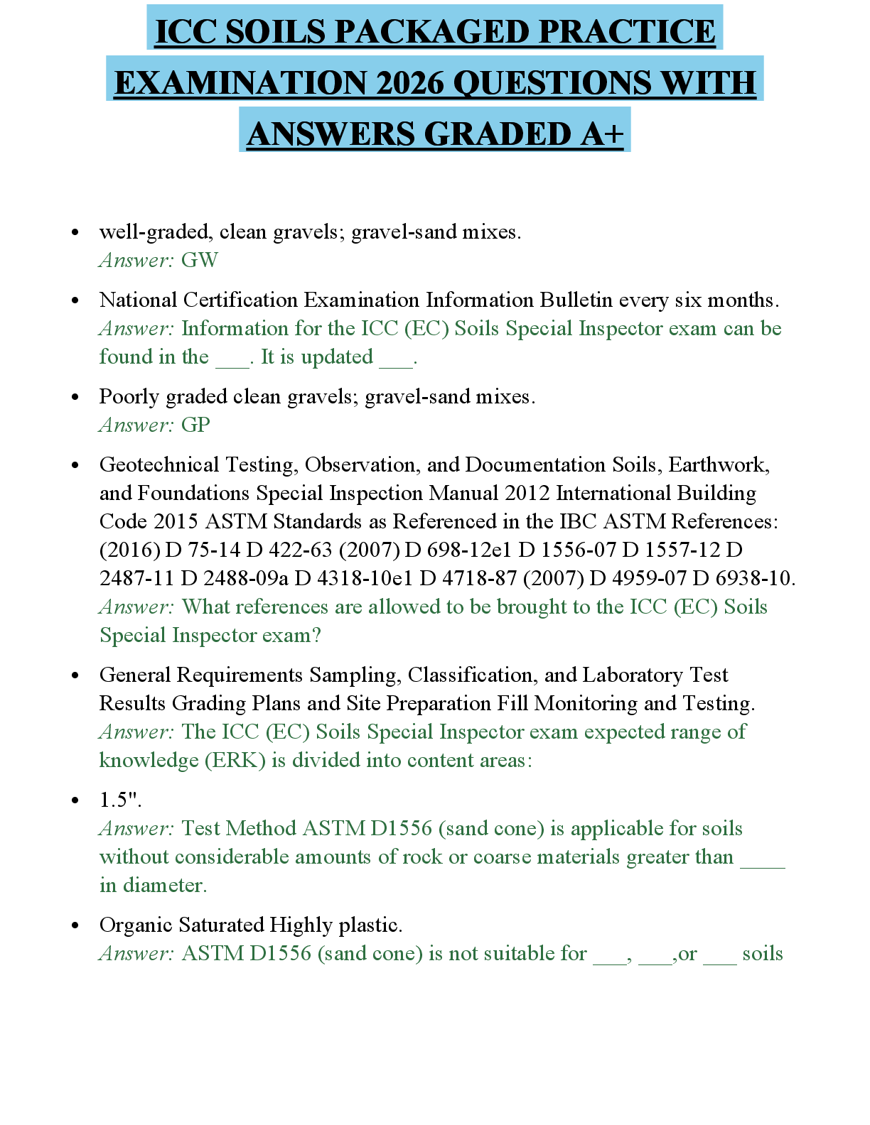 Preview of ICC SOILS PACKAGED PRACTICE EXAMINATION 2026 QUESTIONS WITH ANSWERS GRADED A+