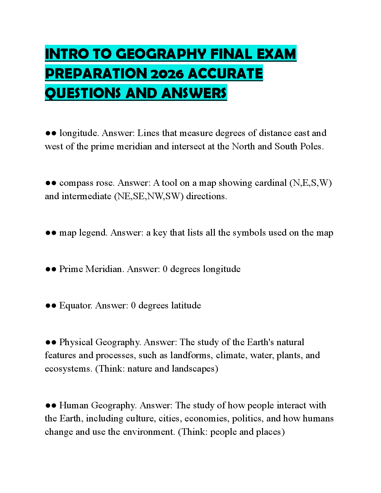Recommended document preview for INTRO TO GEOGRAPHY FINAL EXAM PREPARATION 2026 ACCURATE QUESTIONS AND ANSWERS
