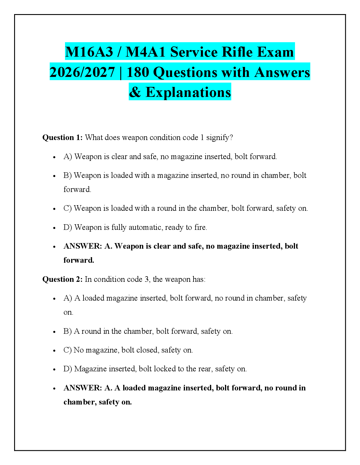 Recommended document preview for M16A3 / M4A1 Service Rifle Exam  2026/2027 | 180 Questions with Answers  & Explanations