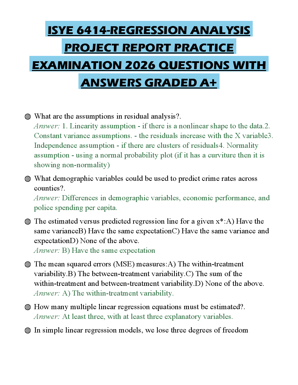 Recommended document preview for ISYE 6414-REGRESSION ANALYSIS PROJECT REPORT PRACTICE EXAMINATION 2026 QUESTIONS WITH ANSWERS GRADED A+