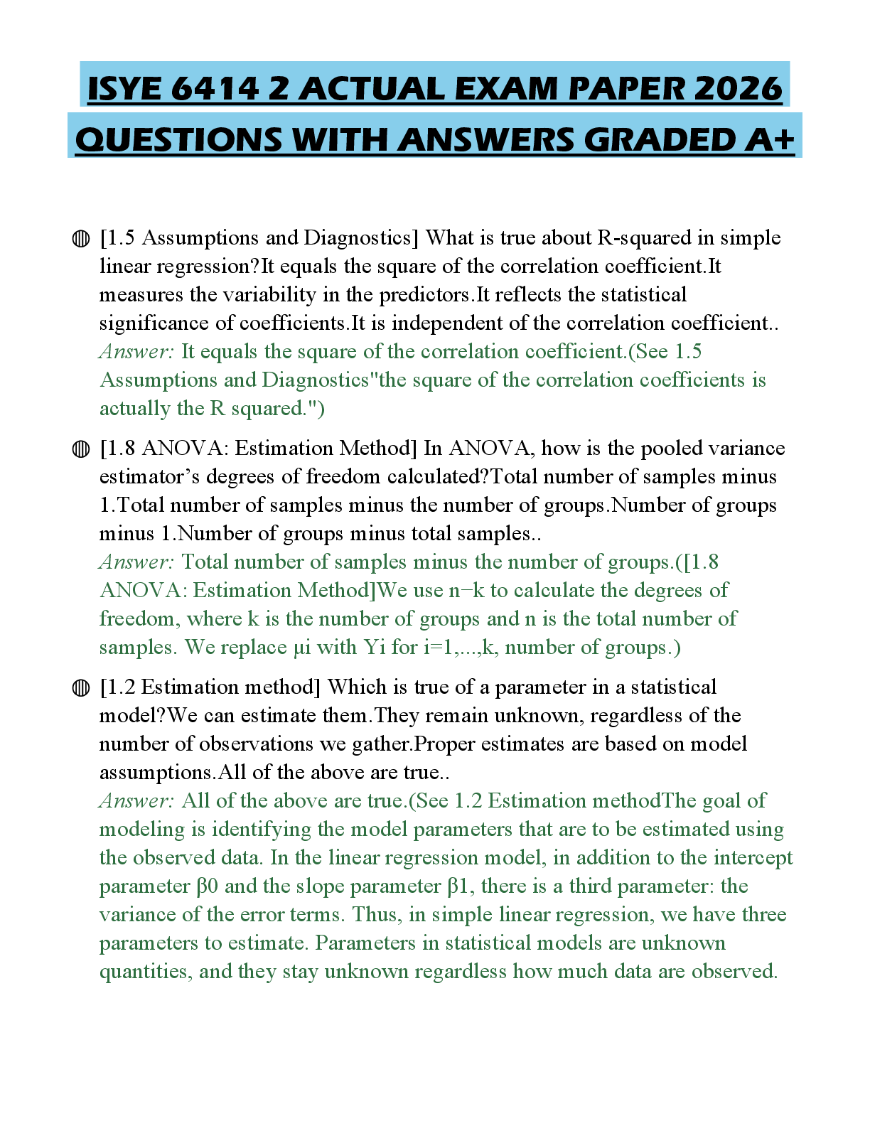 Recommended document preview for ISYE 6414 2 ACTUAL EXAM PAPER 2026 QUESTIONS WITH ANSWERS GRADED A+