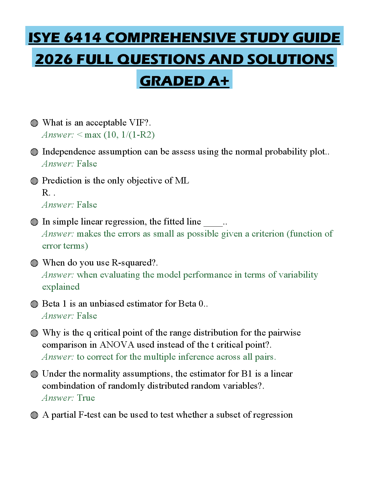 Recommended document preview for ISYE 6414 COMPREHENSIVE STUDY GUIDE 2026 FULL QUESTIONS AND SOLUTIONS GRADED A+