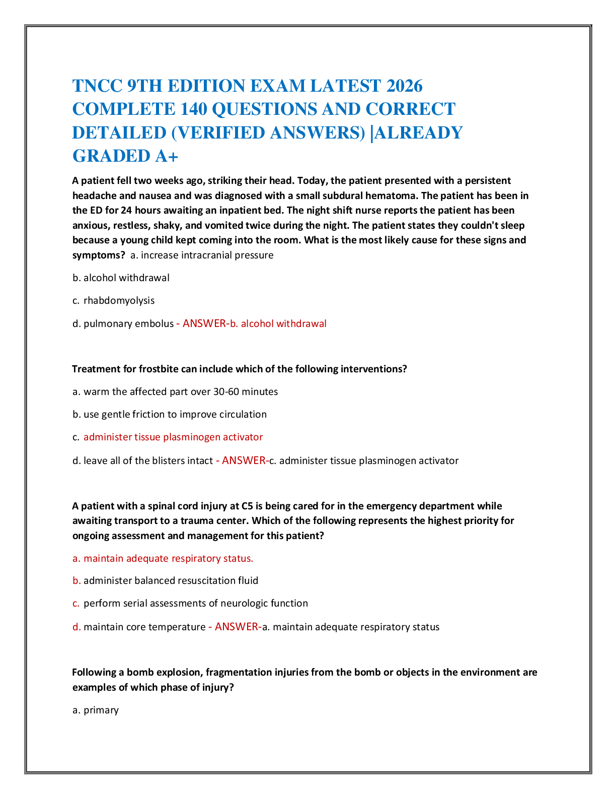 TNCC 9TH EDITION EXAM LATEST 2026   COMPLETE 140 QUESTIONS AND CORRECT   DETAILED (VERIFIED ANSWERS) |ALREADY  GRADED A+