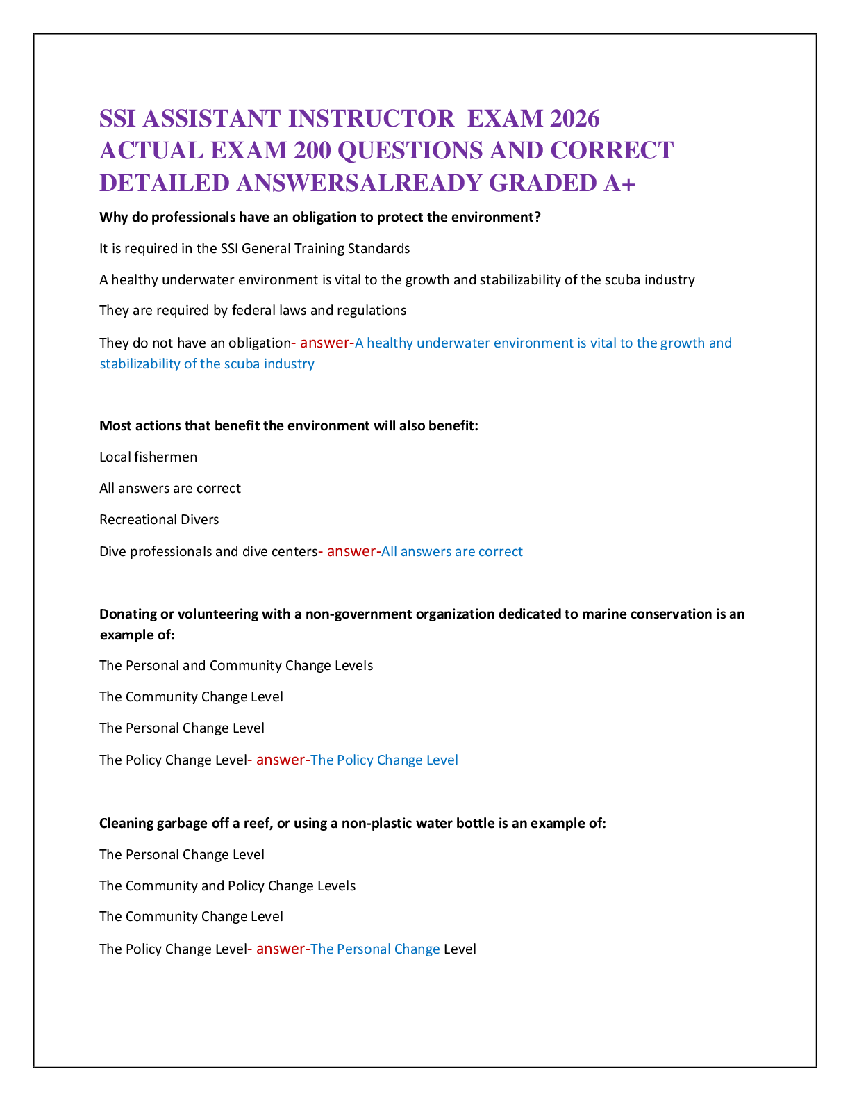 SSI ASSISTANT INSTRUCTOR  EXAM 2026   ACTUAL EXAM 200 QUESTIONS AND CORRECT   DETAILED ANSWERSALREADY GRADED A+