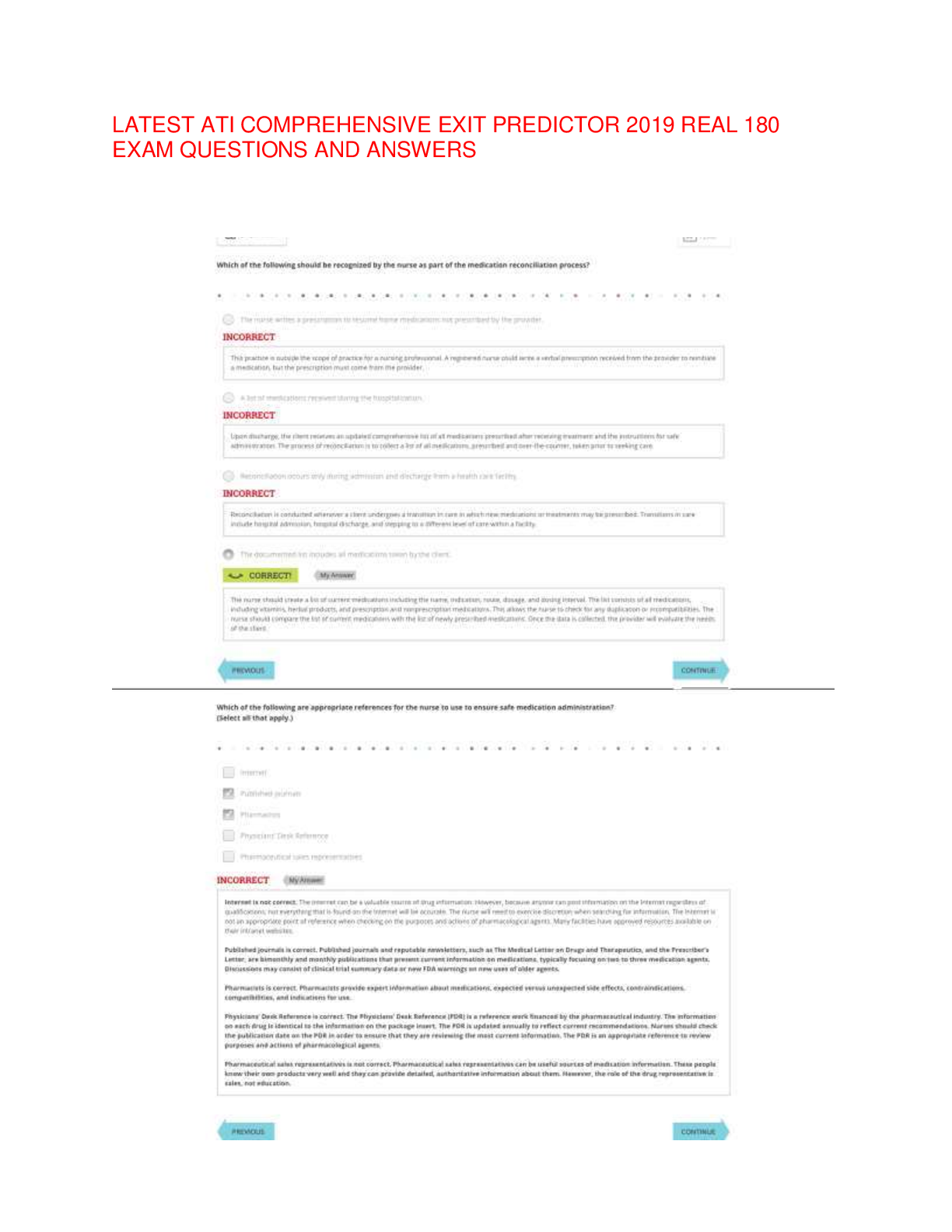 LATEST ATI COMPREHENSIVE EXIT PREDICTOR 2019 REAL 180 EXAM QUESTIONS AND ANSWERS