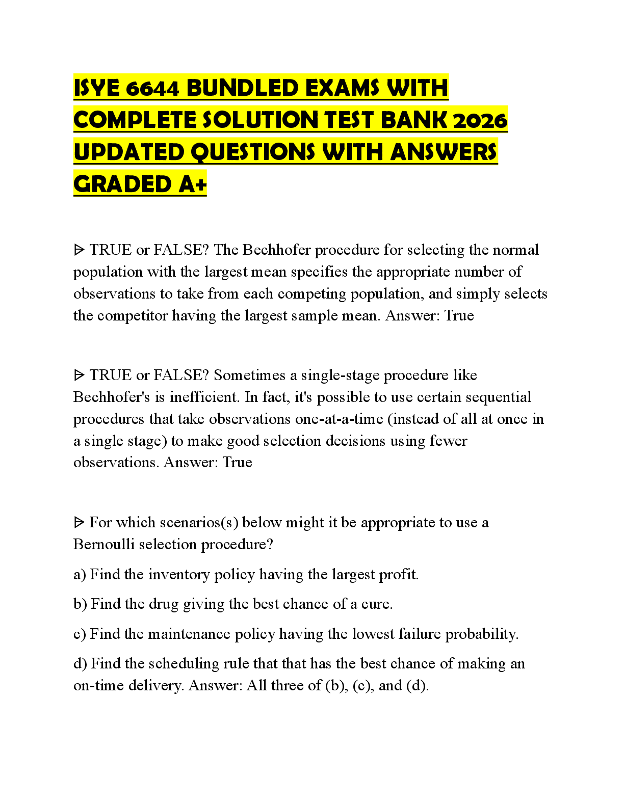 Recommended document preview for ISYE 6644 BUNDLED EXAMS WITH COMPLETE SOLUTION EXAMINATION TEST 2026 QUESTIONS WITH SOLUTIONS GRADED A+