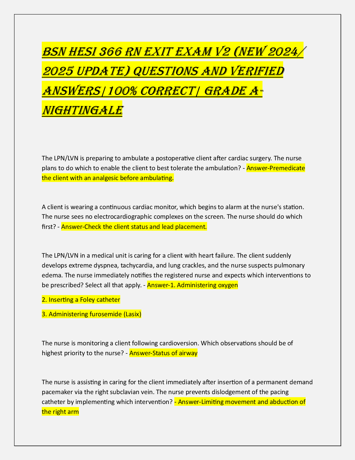 BSN HESI 366 RN ExIt Exam V2 (NEw 2024/  2025 UpdatE) QUEStIoNS aNd VERIfIEd  aNSwERS|100% CoRRECt| GRadE a-  NIGHtINGalE