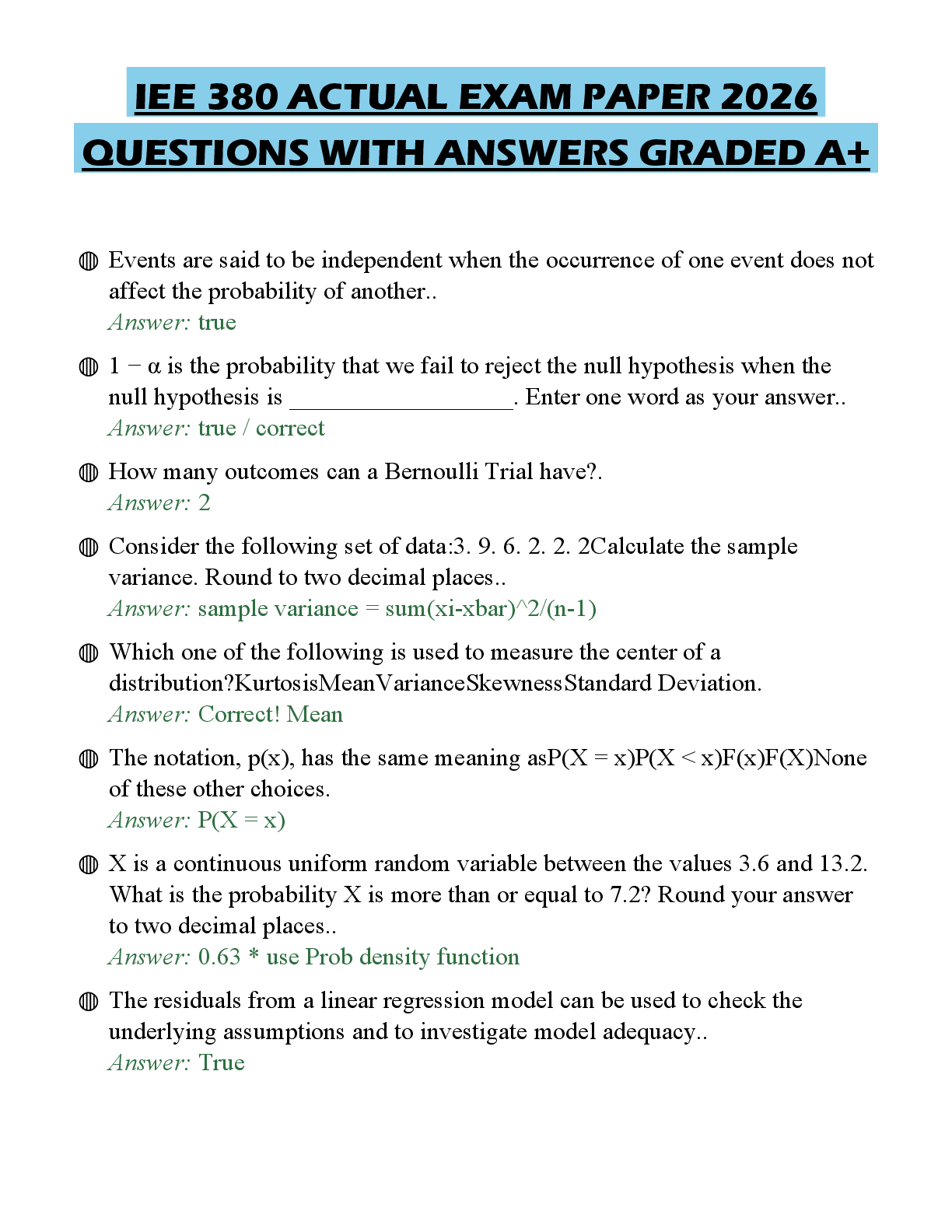 Recommended document preview for IEE 380 ACTUAL EXAM PAPER 2026 QUESTIONS WITH ANSWERS GRADED A+