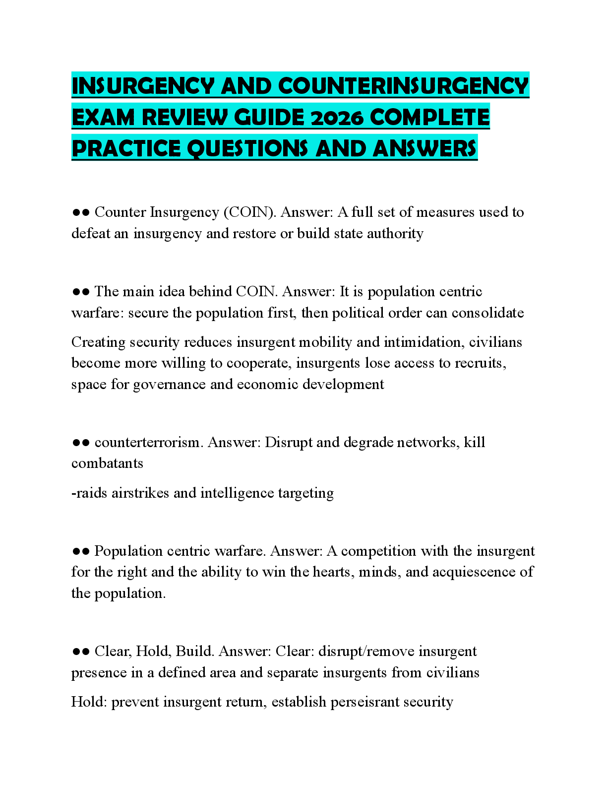 Preview of INSURGENCY AND COUNTERINSURGENCY EXAM REVIEW GUIDE 2026 COMPLETE PRACTICE QUESTIONS AND AN
