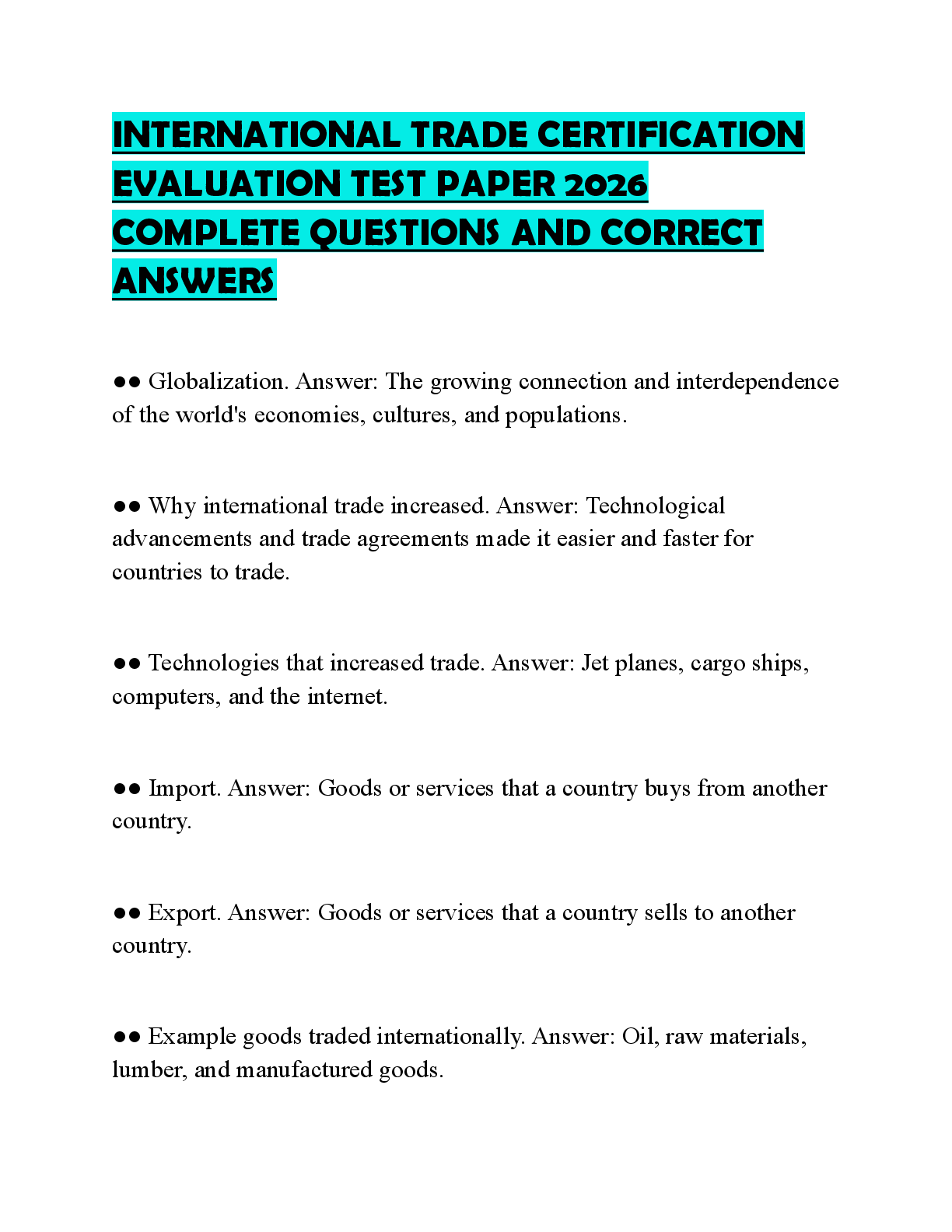 Recommended document preview for INTERNATIONAL TRADE CERTIFICATION EVALUATION TEST PAPER 2026 COMPLETE QUESTIONS AND CORRECT ANSWERS