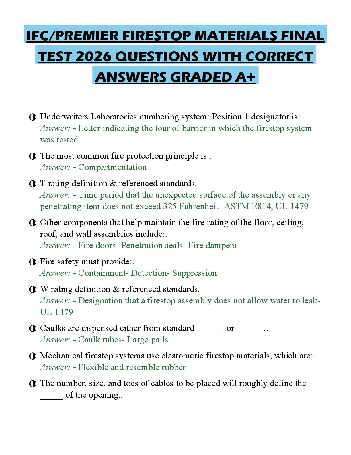 Preview of IFC/PREMIER FIRESTOP MATERIALS FINAL TEST 2026 QUESTIONS WITH CORRECT ANSWERS GRADED A+