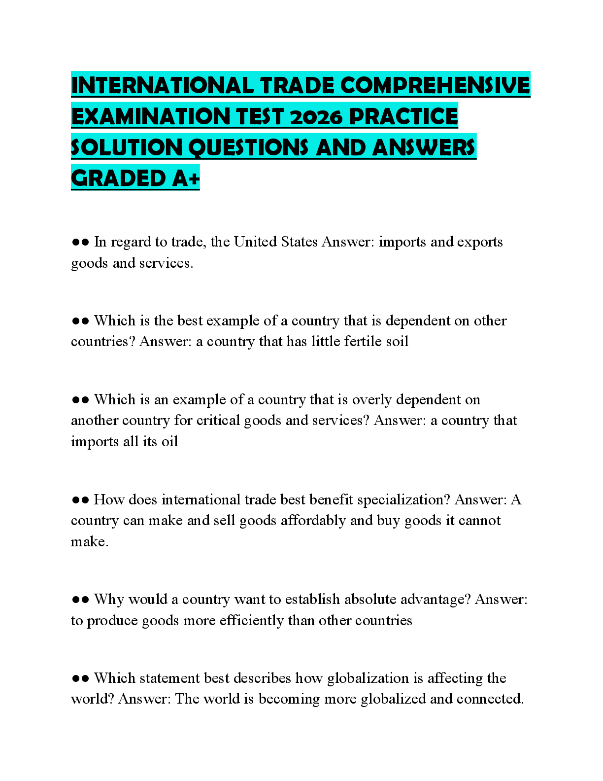 Recommended document preview for INTERNATIONAL TRADE COMPREHENSIVE EXAMINATION TEST 2026 PRACTICE SOLUTION QUESTIONS AND ANSWERS GRADED A+