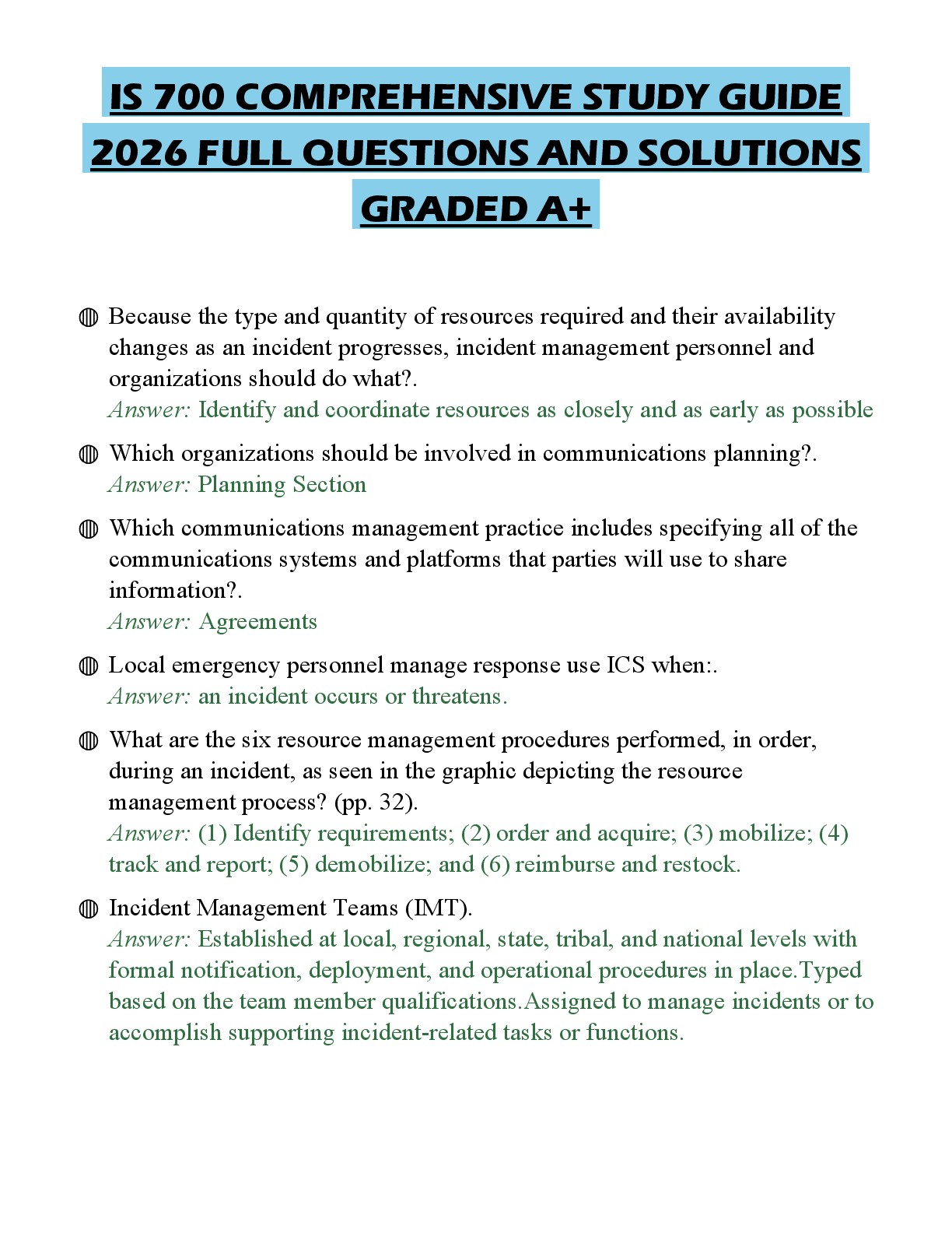 Recommended document preview for IS 700 COMPREHENSIVE STUDY GUIDE 2026 FULL QUESTIONS AND SOLUTIONS GRADED A+