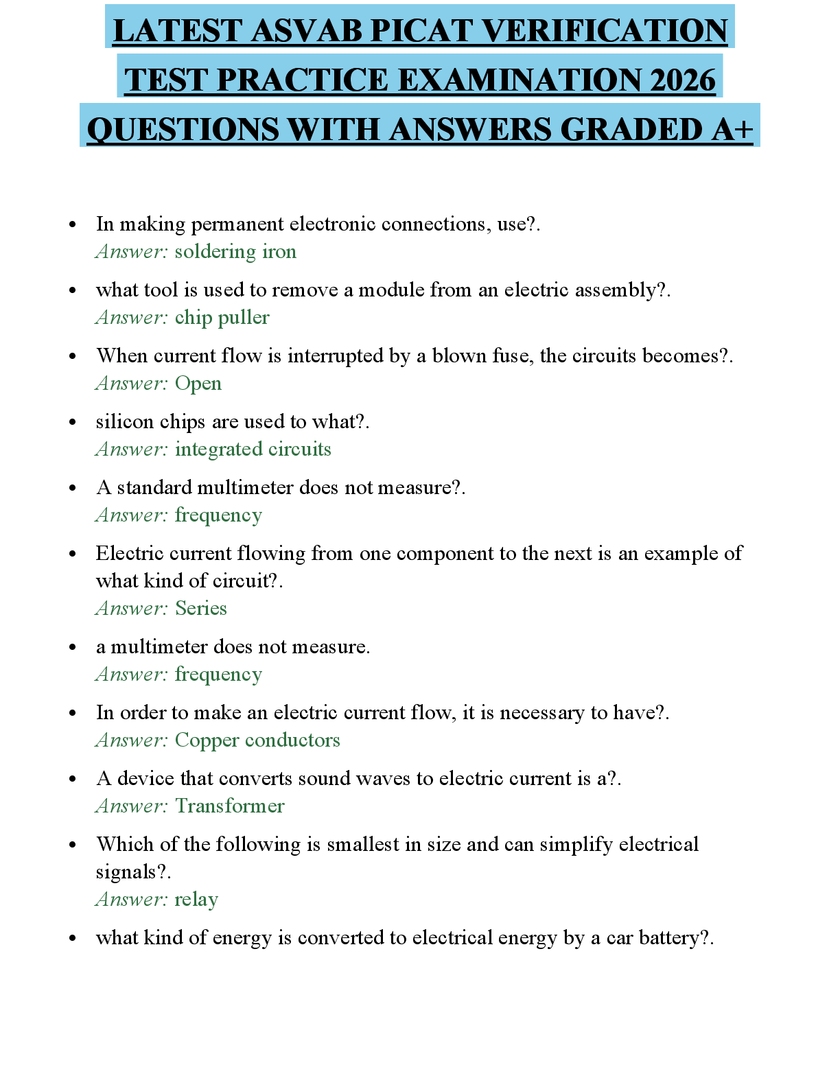Preview of LATEST ASVAB PICAT VERIFICATION TEST CERTIFICATION SCRIPT 2026 QUESTIONS WITH SOLUTIONS GR
