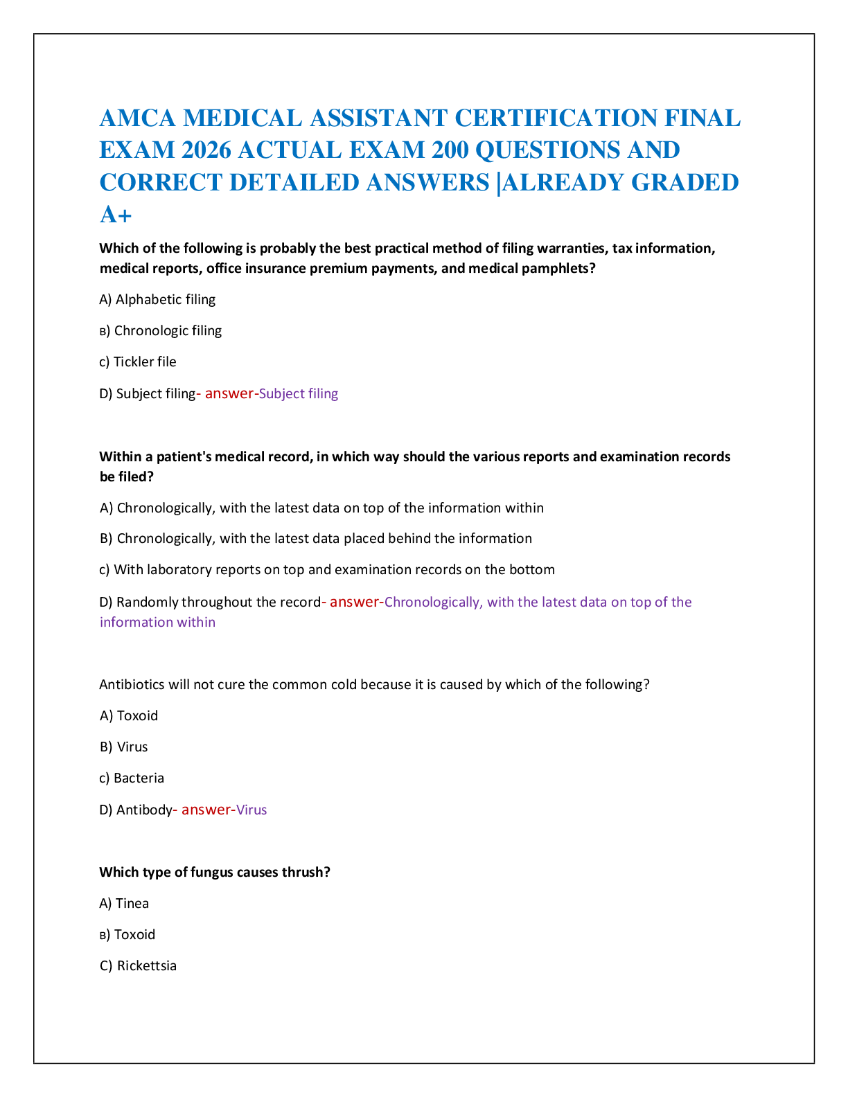 AMCA MEDICAL ASSISTANT CERTIFICATION FINAL   EXAM 2026 ACTUAL EXAM 200 QUESTIONS AND   CORRECT DETAILED ANSWERS |ALREADY GRADED  A+