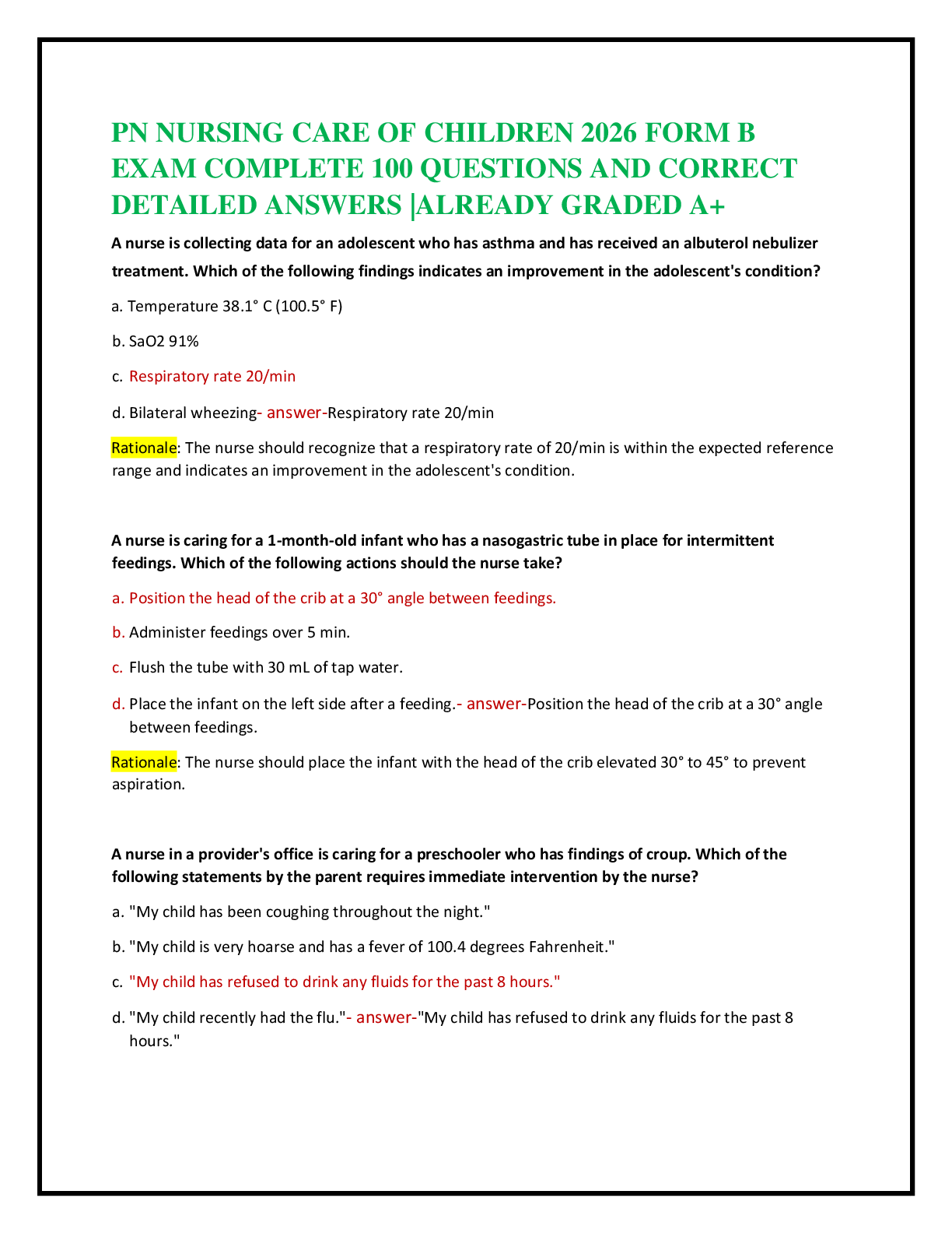Recommended document preview for PN NURSING CARE OF CHILDREN 2026 FORM B   EXAM COMPLETE 100 QUESTIONS AND CORRECT   DETAILED ANSWERS |ALREADY GRADED A+