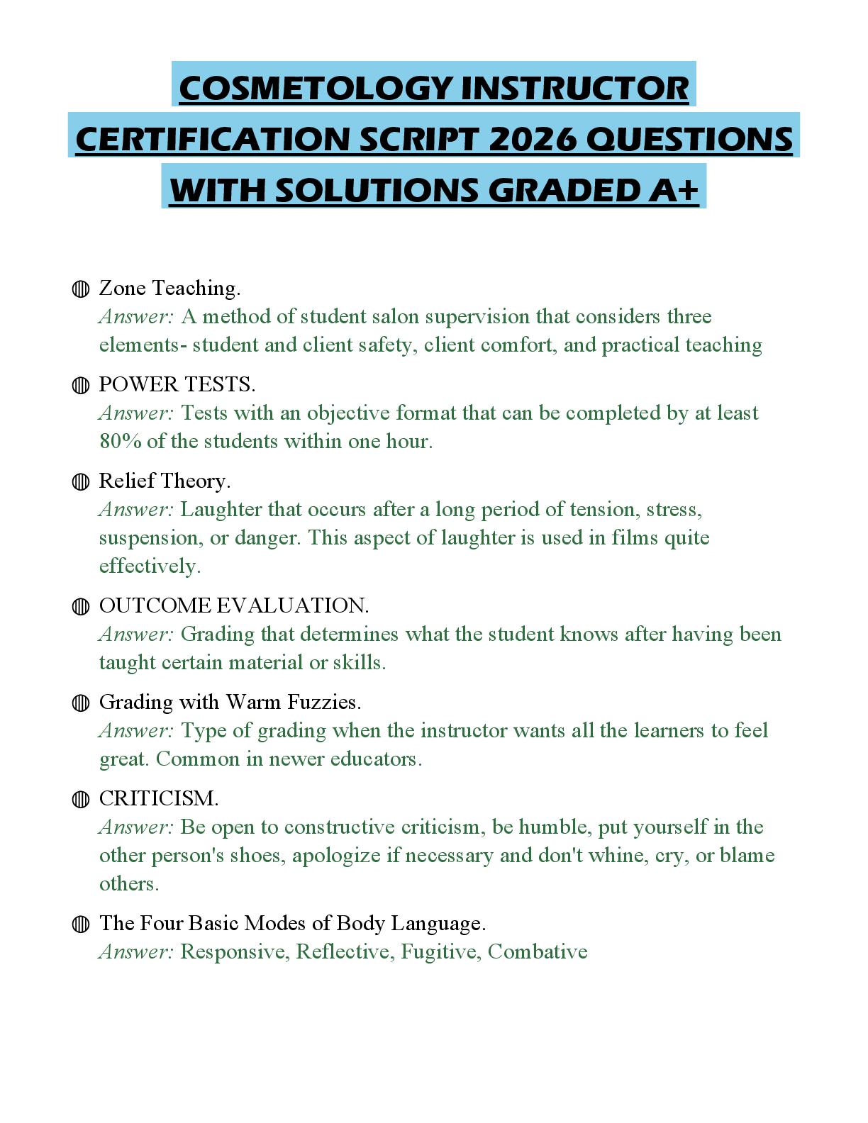Preview of COSMETOLOGY INSTRUCTOR CERTIFICATION SCRIPT 2026 QUESTIONS WITH SOLUTIONS GRADED A+