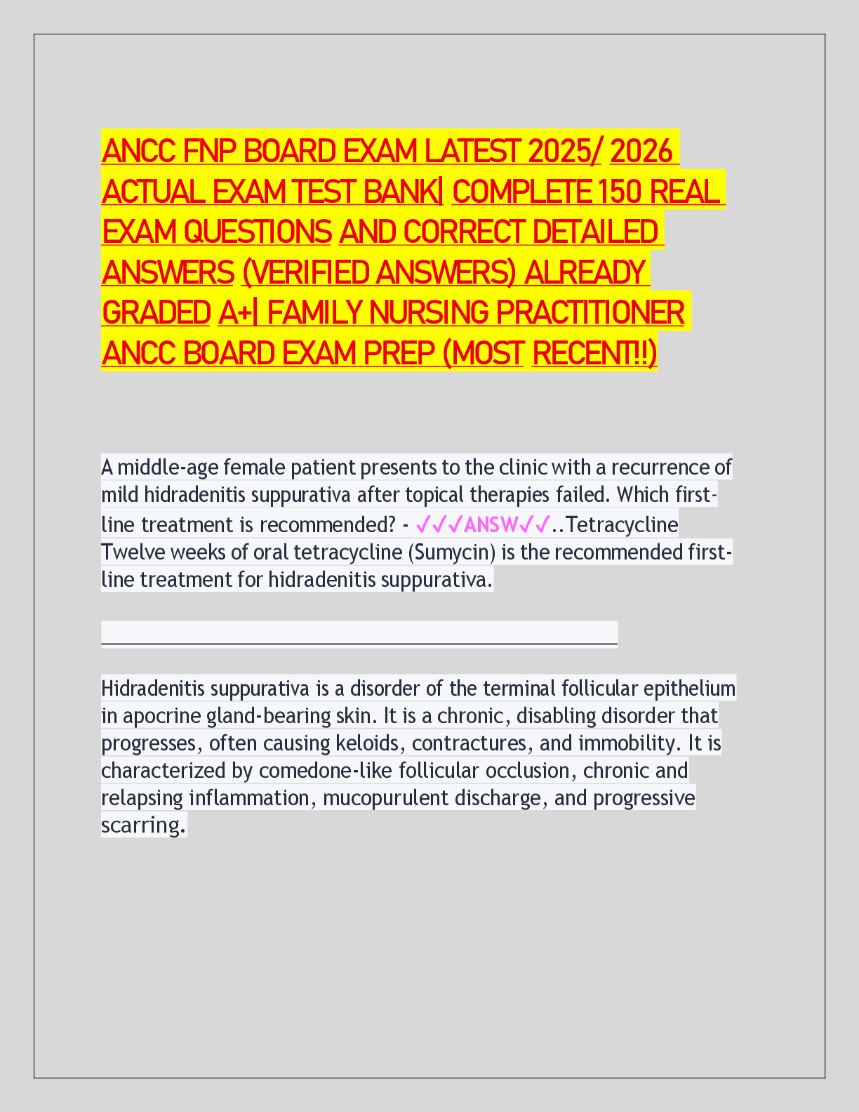 Recommended document preview for ANCC FNP BOARD EXAM   QUESTIONS AND   ANSWERS  FAMILY NURSING PRACTITIONER  ANCC BOARD EXAM PREP