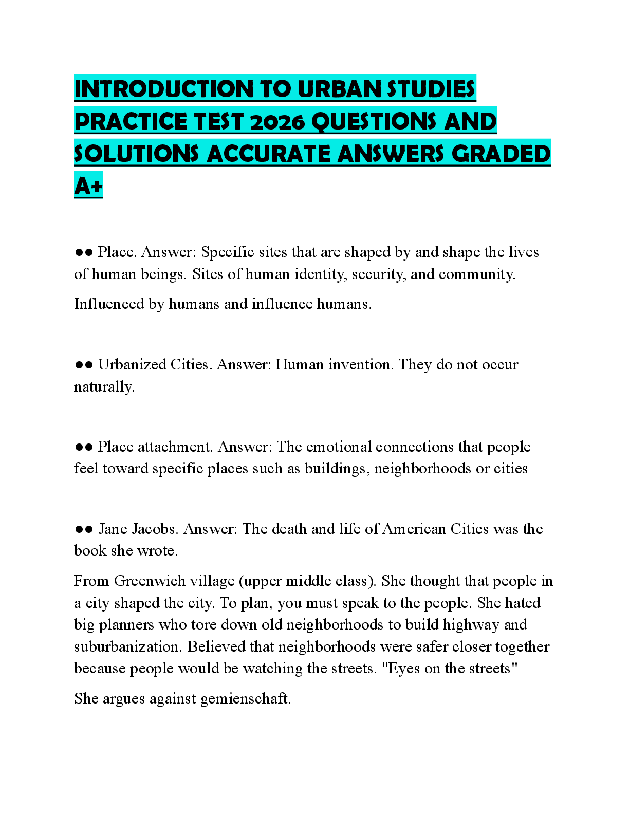 Preview of INTRODUCTION TO URBAN STUDIES PRACTICE TEST 2026 QUESTIONS AND SOLUTIONS ACCURATE ANSWERS