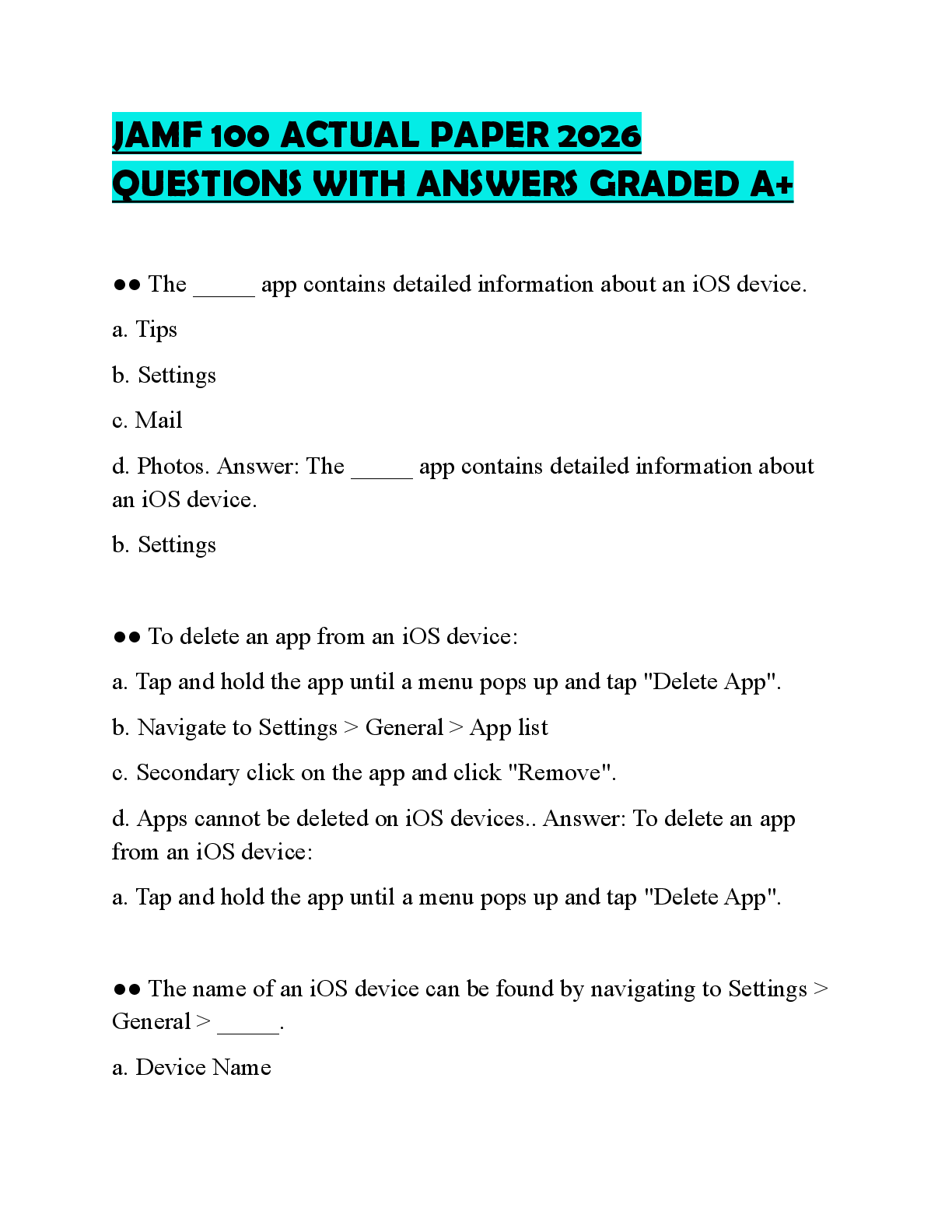 Recommended document preview for JAMF 100 COMPREHENSIVE TEST PAPER 2026 QUESTIONS AND CORRECT ANSWERS
