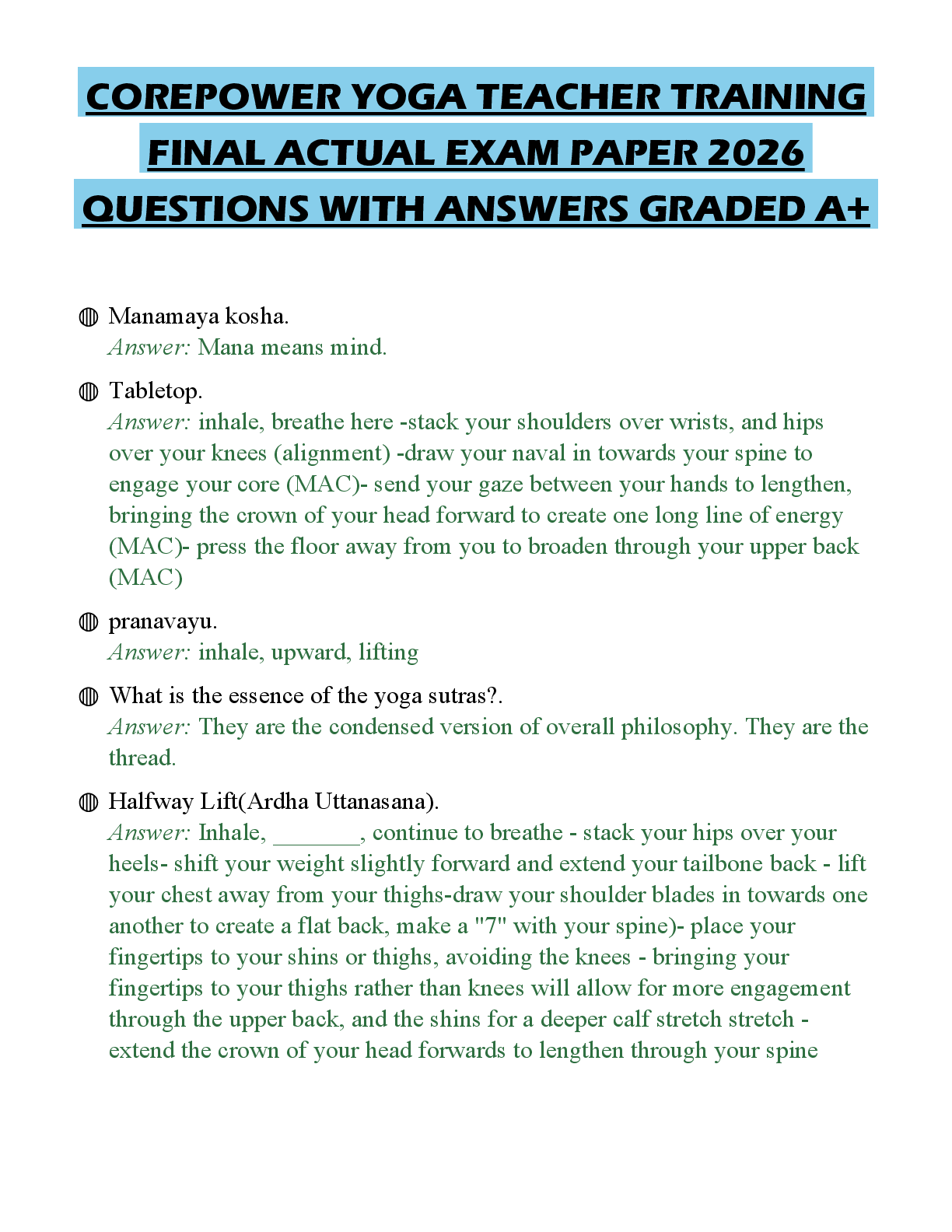 Recommended document preview for COREPOWER YOGA TEACHER TRAINING FINAL ACTUAL EXAM PAPER 2026 QUESTIONS WITH ANSWERS GRADED A+