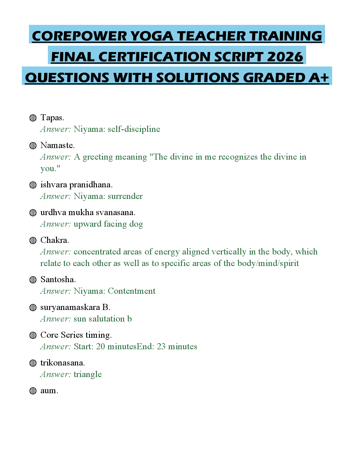 Recommended document preview for COREPOWER YOGA TEACHER TRAINING FINAL CERTIFICATION SCRIPT 2026 QUESTIONS WITH SOLUTIONS GRADED A+