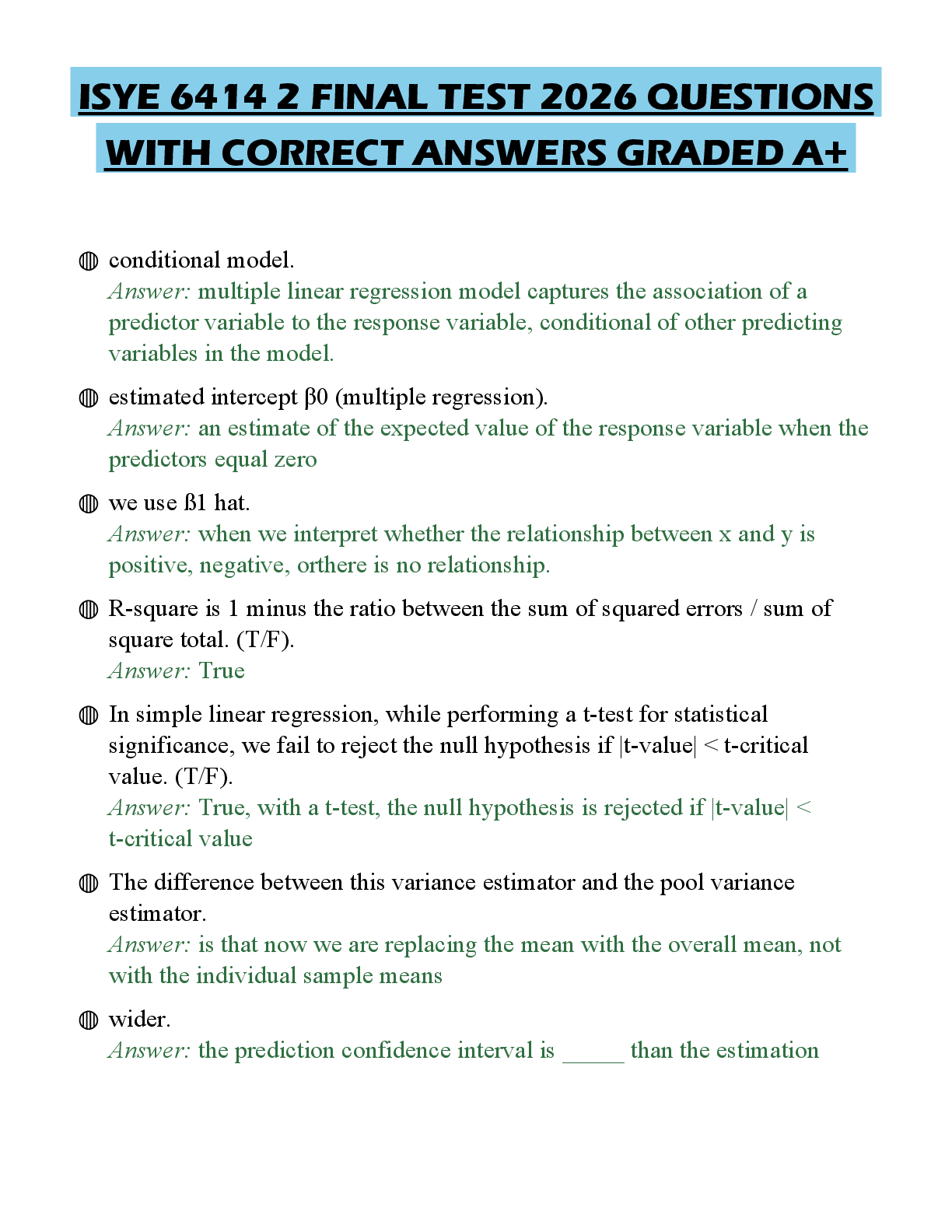 Recommended document preview for ISYE 6414 2 FINAL TEST 2026 QUESTIONS WITH CORRECT ANSWERS GRADED A+