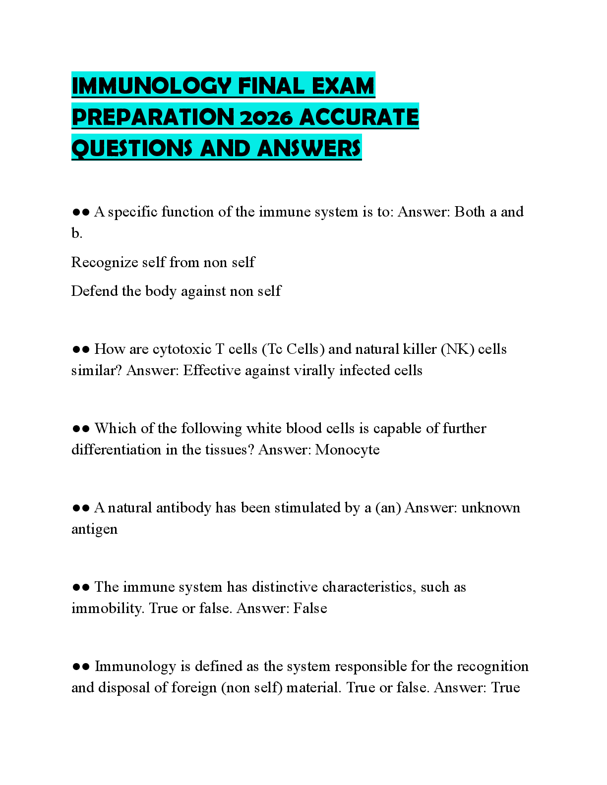 Recommended document preview for IMMUNOLOGY FINAL EXAM PREPARATION 2026 ACCURATE QUESTIONS AND ANSWERS