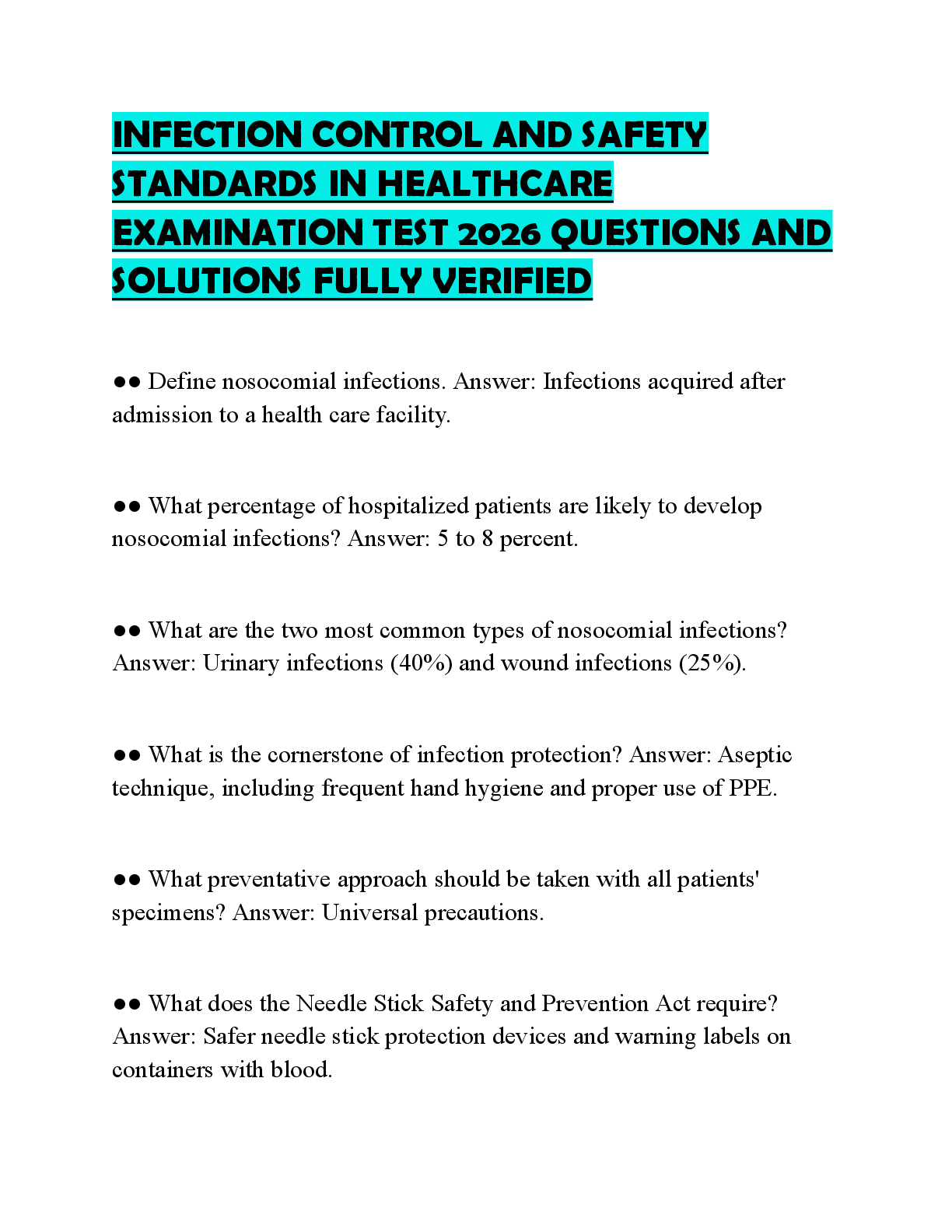 Preview of INFECTION CONTROL AND SAFETY STANDARDS IN HEALTHCARE EXAMPREP 2026 COMPLETE QUESTIONS AND