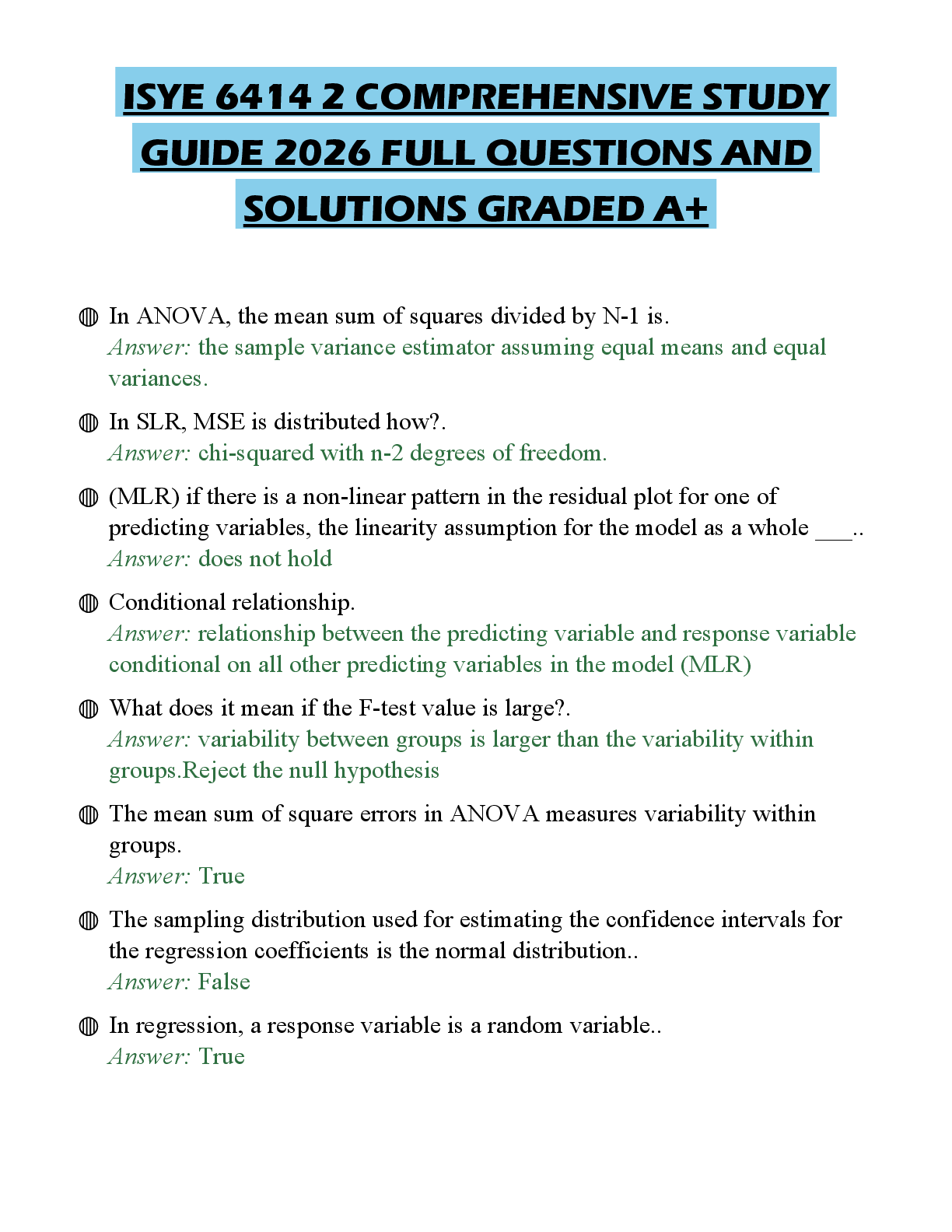 Recommended document preview for ISYE 6414 2 COMPREHENSIVE STUDY GUIDE 2026 FULL QUESTIONS AND SOLUTIONS GRADED A+