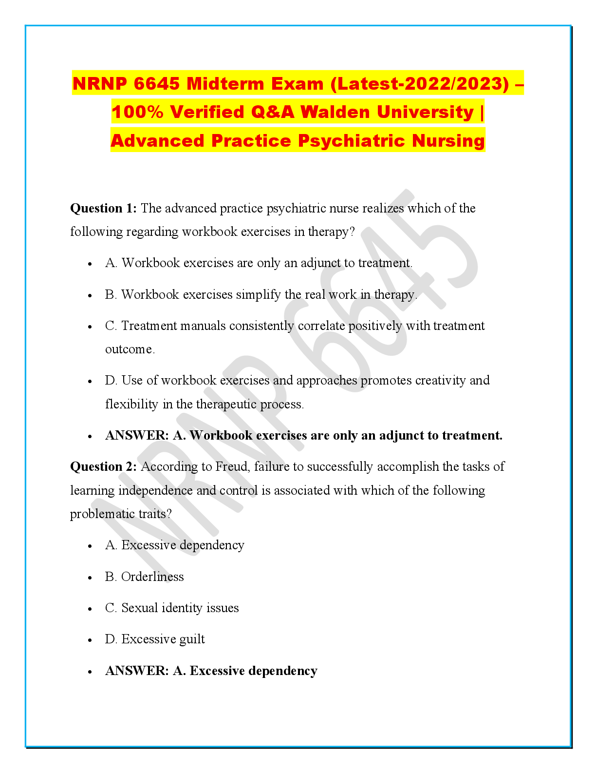 Recommended document preview for NRNP 6645 Midterm Exam (Latest-2022/2023) –  100% Verified Q&A Walden University |  Advanced Practice Psychiatric Nursing