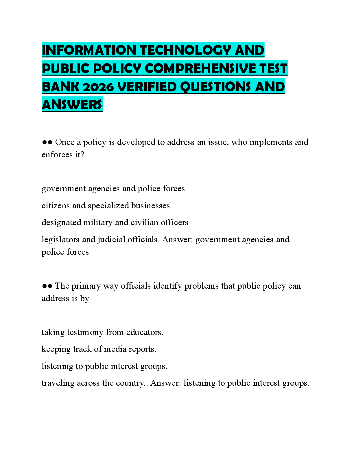 Recommended document preview for INFORMATION TECHNOLOGY AND PUBLIC POLICY COMPREHENSIVE TEST BANK 2026 VERIFIED QUESTIONS AND ANSWERS