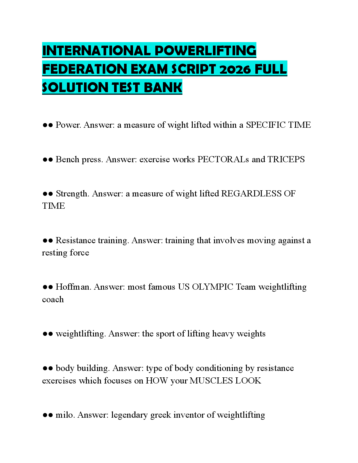 Recommended document preview for INTERNATIONAL POWERLIFTING FEDERATION EXAM SCRIPT 2026 FULL SOLUTION TEST BANK