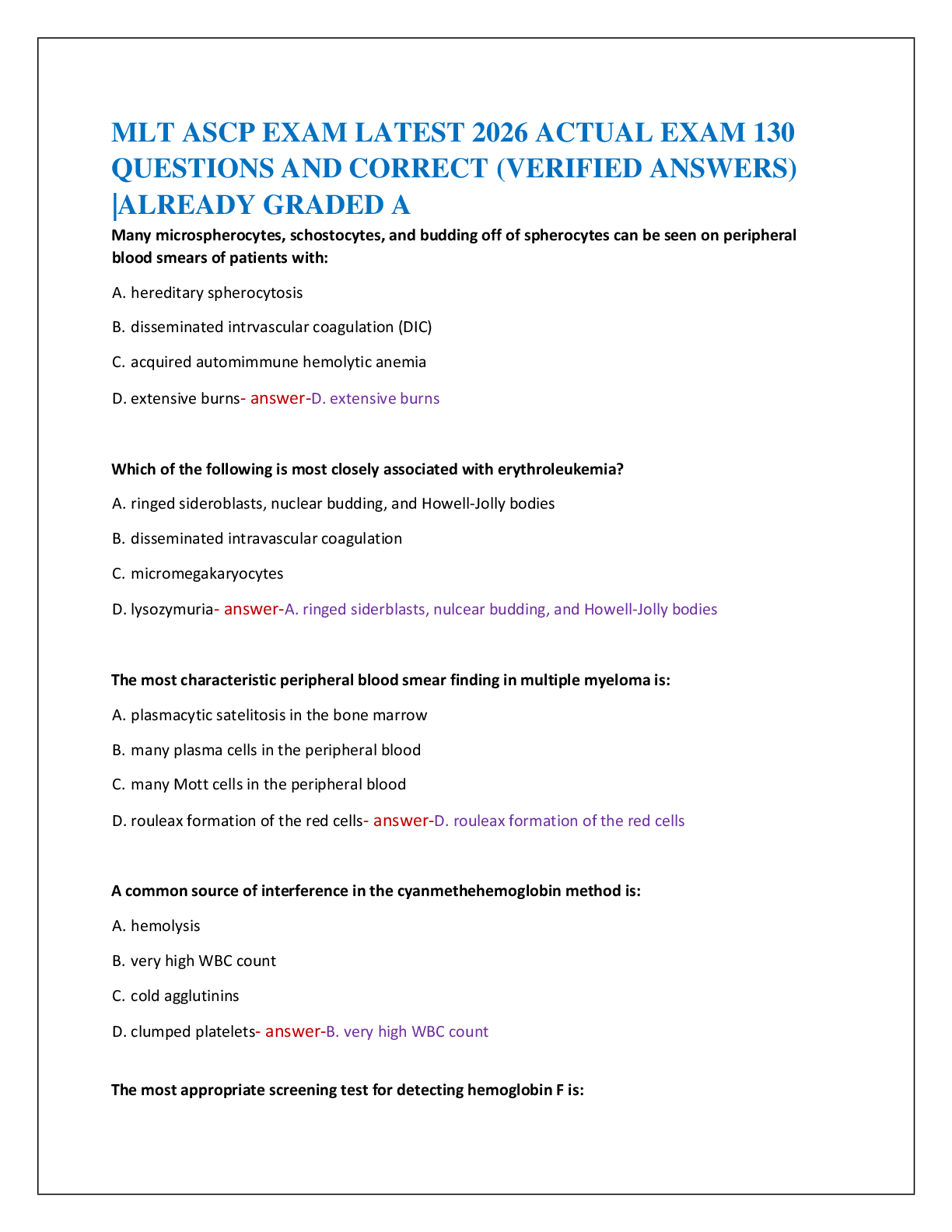 Recommended document preview for MLT ASCP EXAM LATEST 2026 ACTUAL EXAM 130   QUESTIONS AND CORRECT (VERIFIED ANSWERS)  |ALREADY GRADED A
