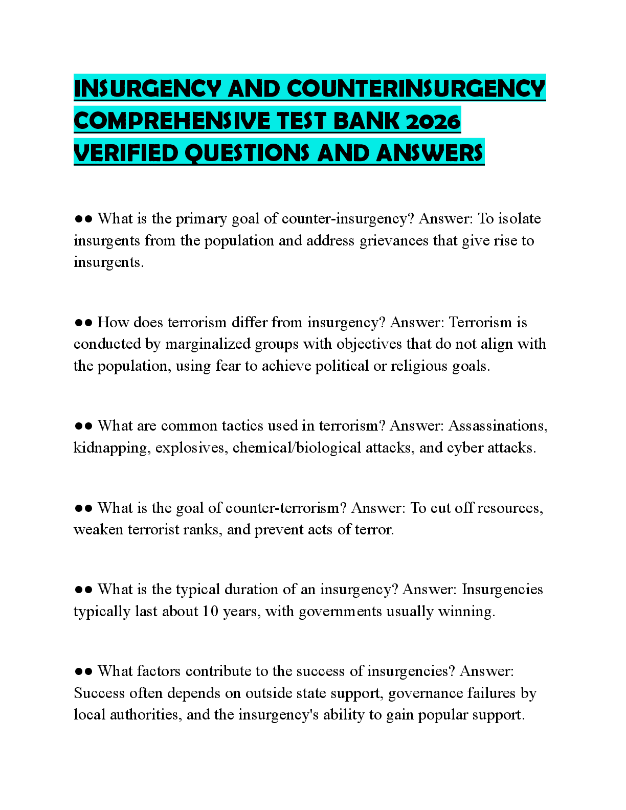 Recommended document preview for INSURGENCY AND COUNTERINSURGENCY COMPREHENSIVE TEST BANK 2026 VERIFIED QUESTIONS AND ANSWERS