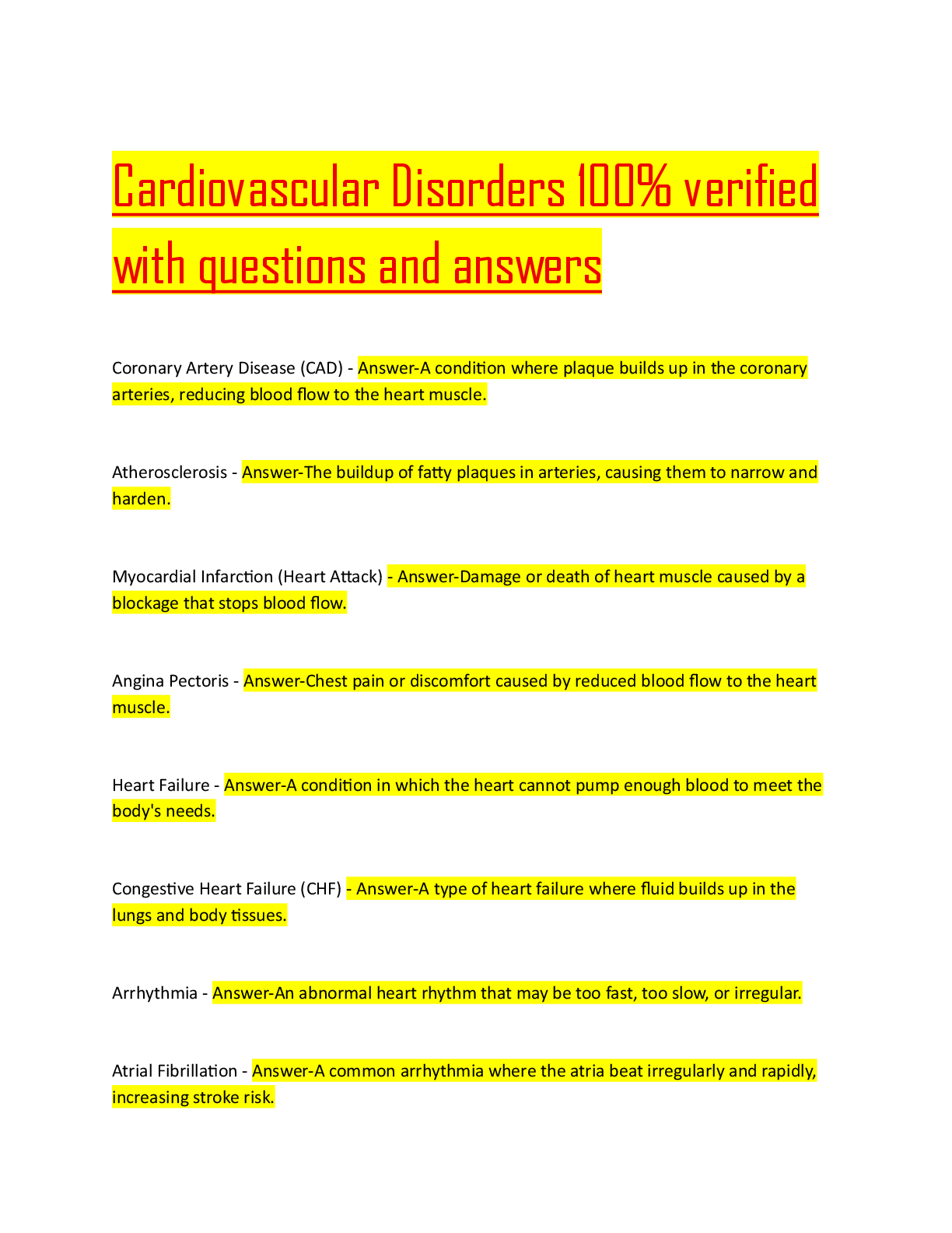 Cardiovascular Disorders 100% verified  with questions and answers