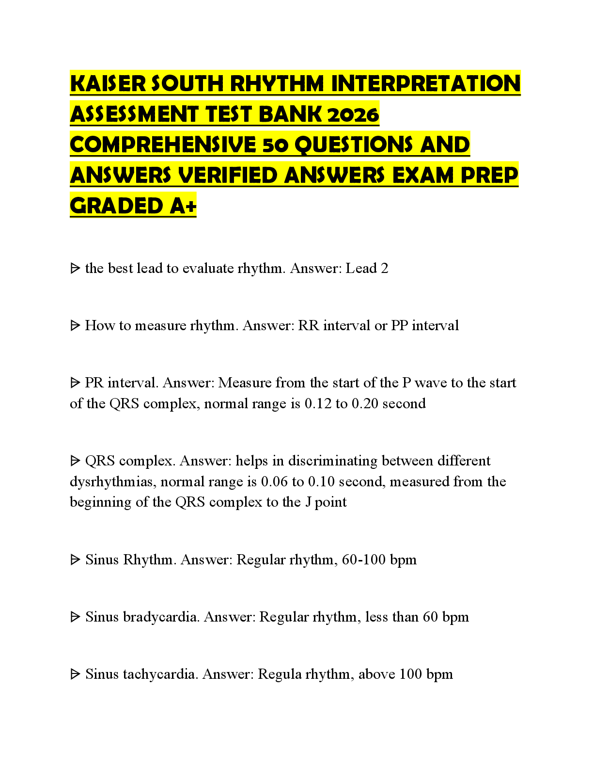 Preview of KAISER SOUTH RHYTHM INTERPRETATION ASSESSMENT ACTUAL EXAM SCRIPT 2026 FULL 50 QUESTIONS AN