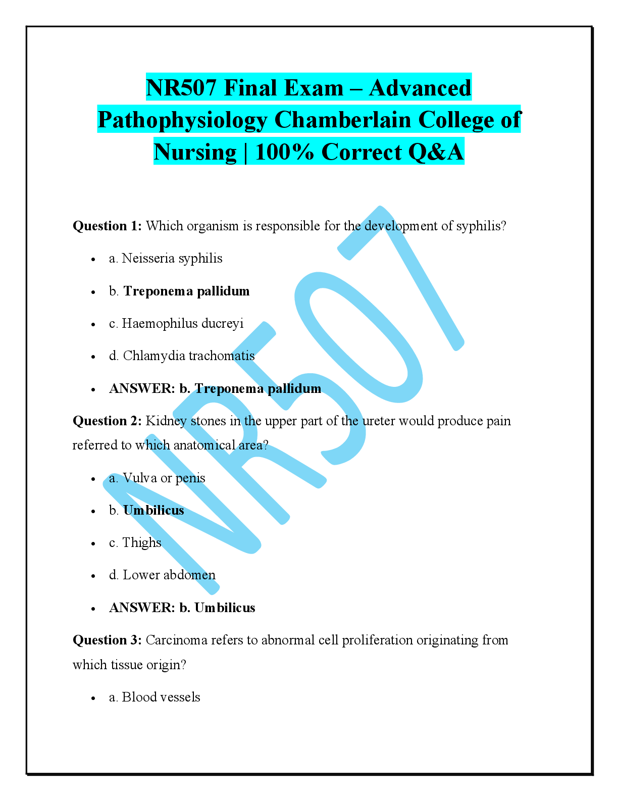 Preview of NR507 Final Exam – Advanced Pathophysiology Chamberlain College of Nursing | 100% Correct
