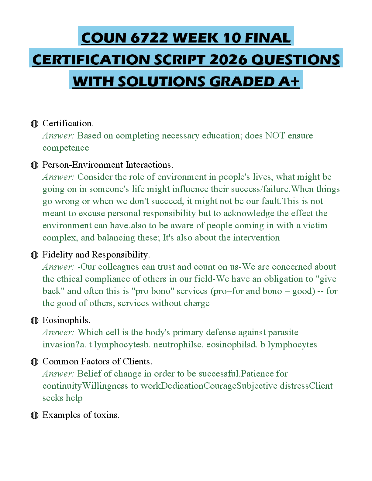 Recommended document preview for COUN 6722 WEEK 10 FINAL CERTIFICATION SCRIPT 2026 QUESTIONS WITH SOLUTIONS GRADED A+