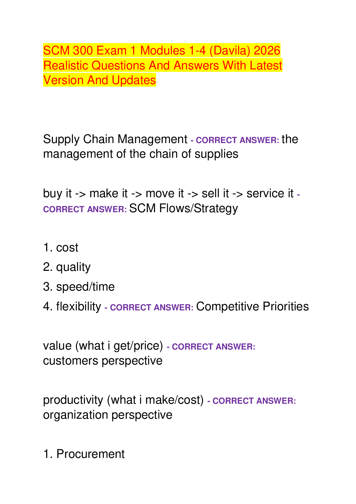 Recommended document preview for SCM 300 Exam 1 Modules 1-4 (Davila) 2026 Realistic Questions And Answers With Latest Version And Updates