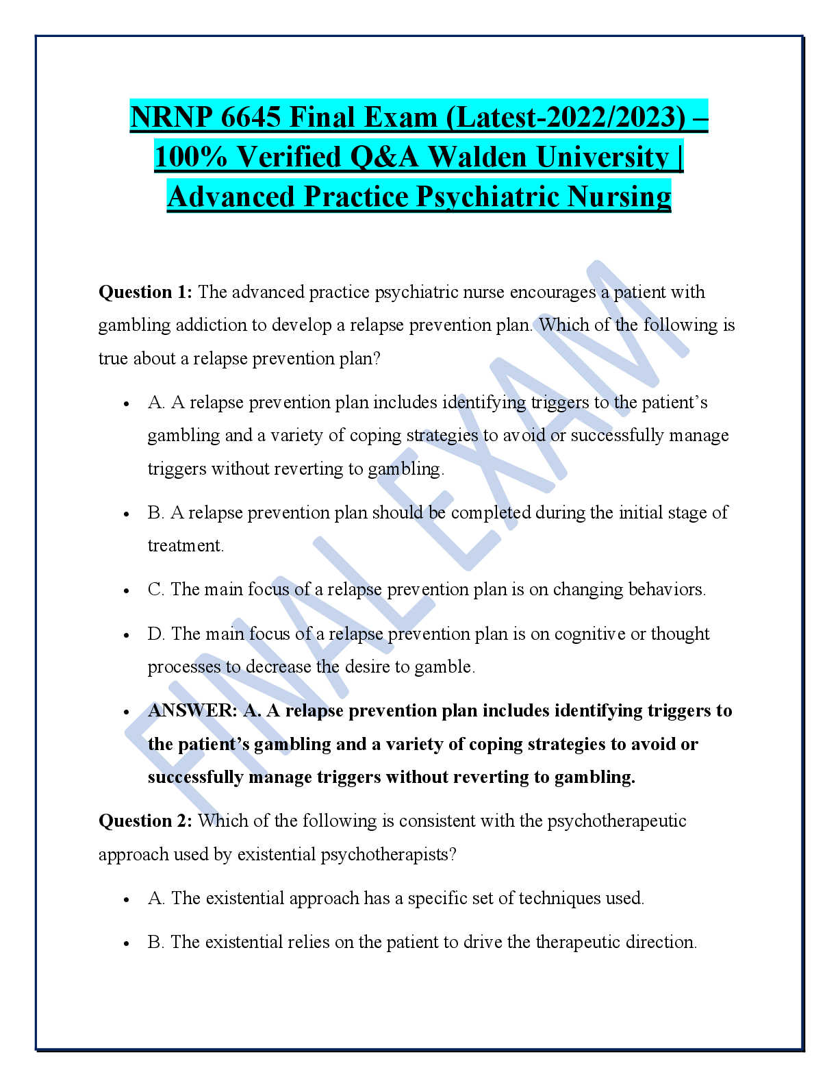 Recommended document preview for NRNP 6645 Final Exam (Latest-2022/2023) – 100% Verified Q&A Walden University | Advanced Practice Psychiatric Nursing